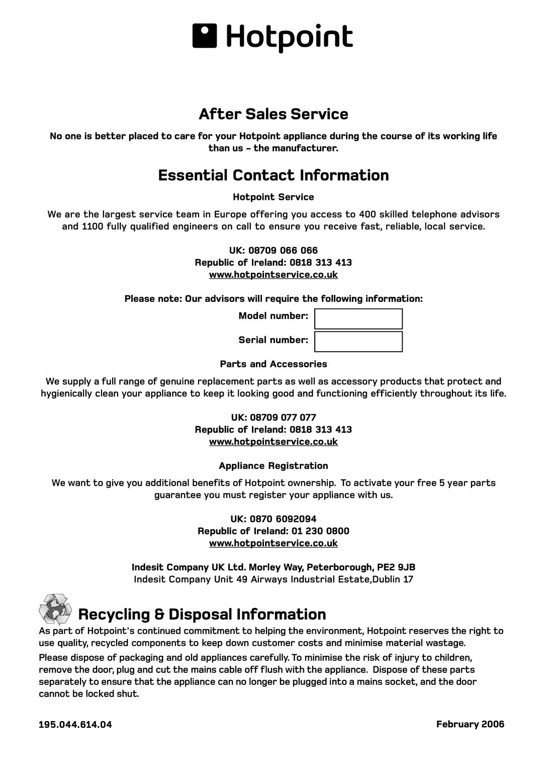 Hotpoint BWD 129 manual After Sales Service 