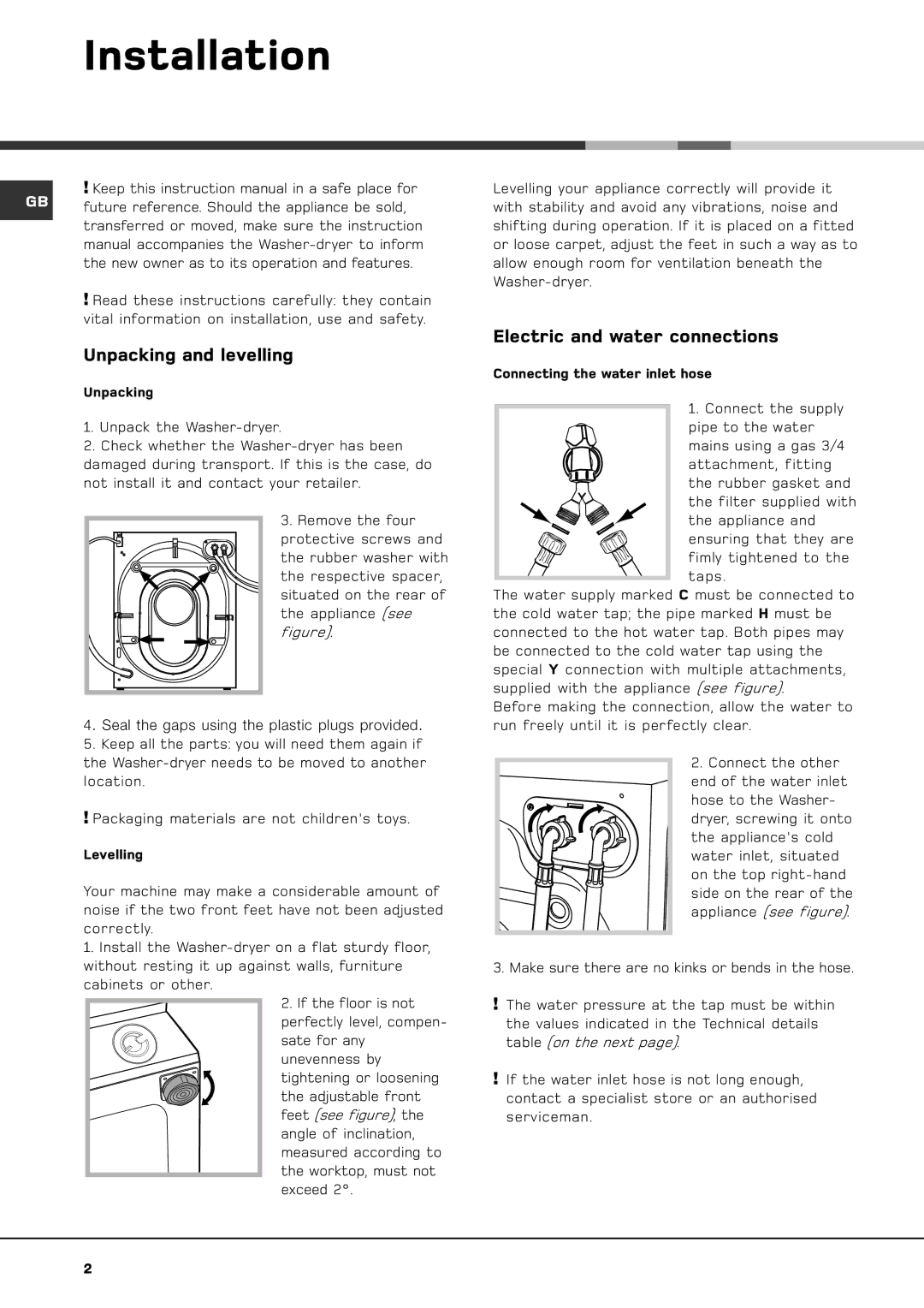 Hotpoint BWD 129 manual Installation, Unpacking and levelling, Electric and water connections 