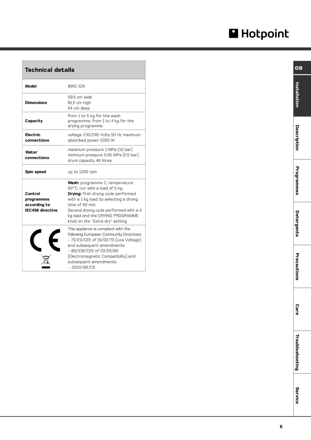 Hotpoint BWD 129 manual Technical details 