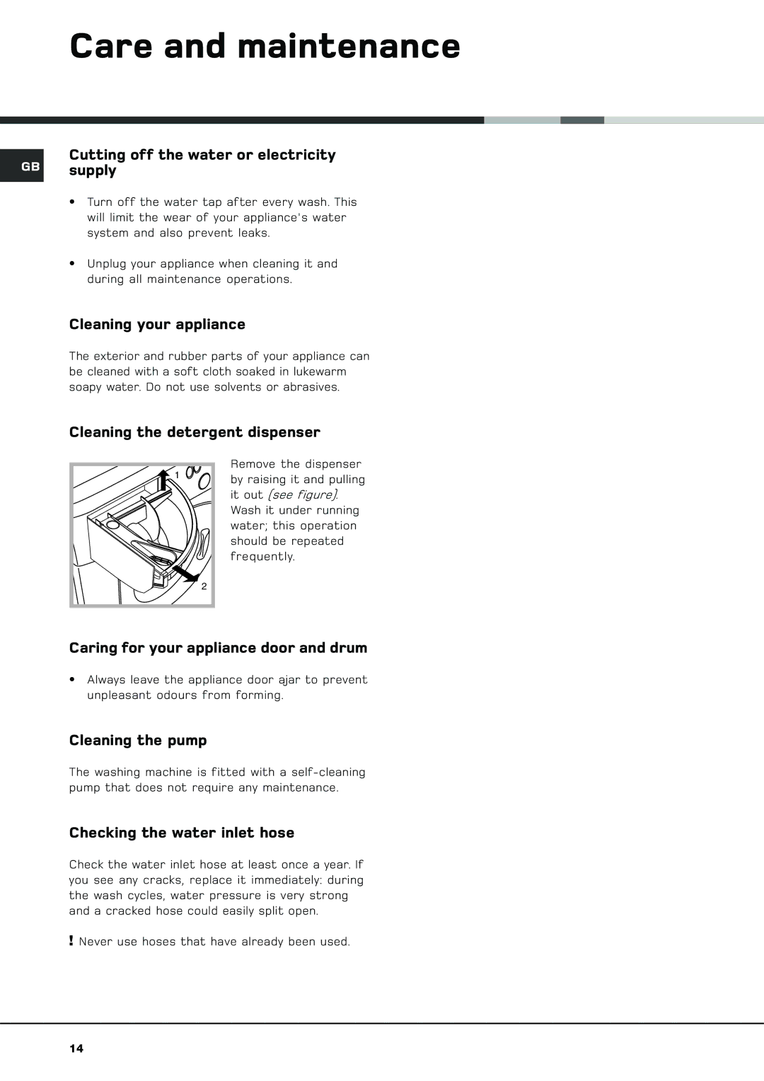 Hotpoint BWM 129 manual Care and maintenance 