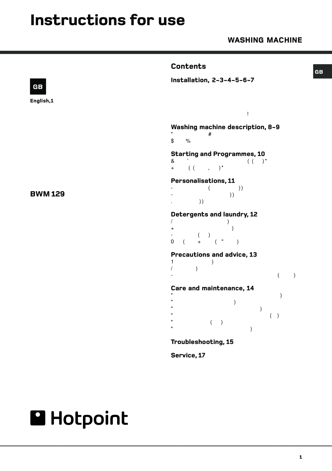 Hotpoint BWM 129 manual Instructions for use, Washing Machine 