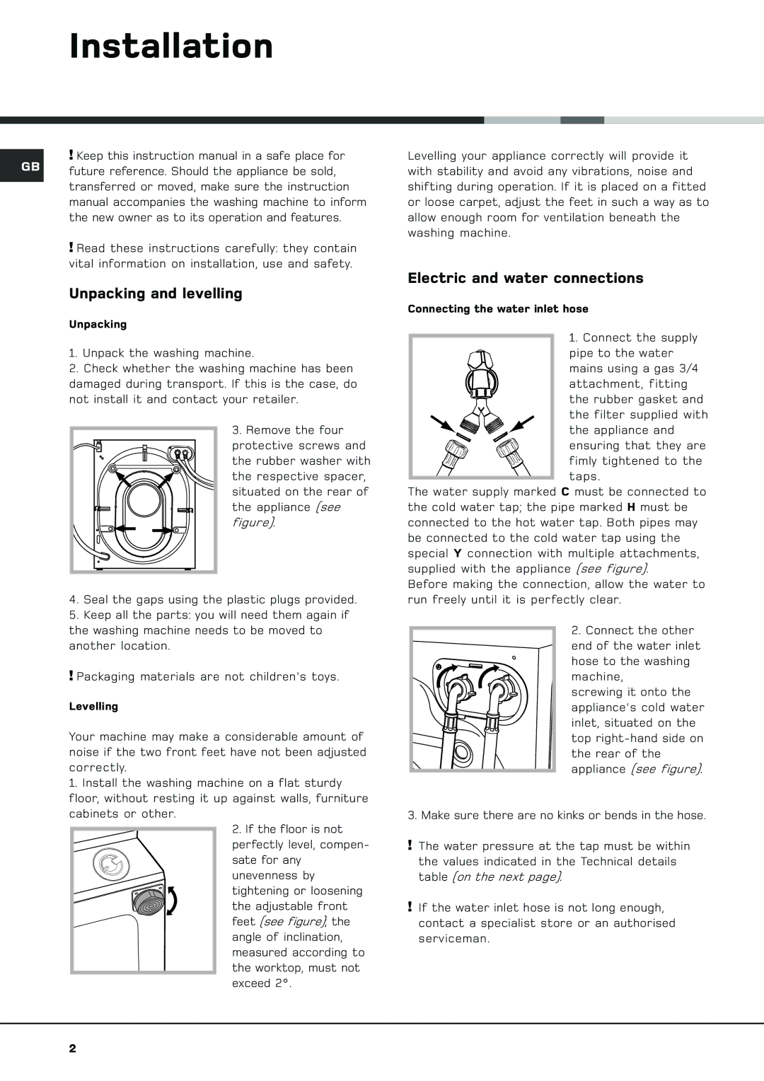 Hotpoint BWM 129 manual Installation, Unpacking and levelling, Electric and water connections 