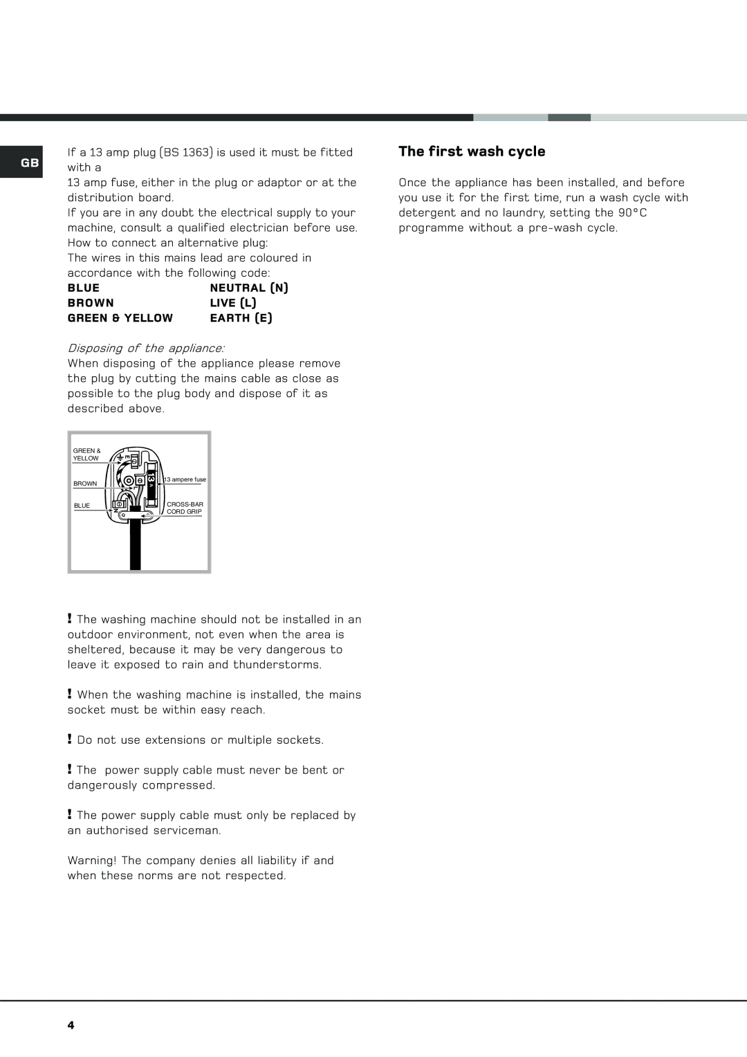 Hotpoint BWM 129 manual First wash cycle, Blue Neutral N Brown Live L Green & Yellow Earth E 