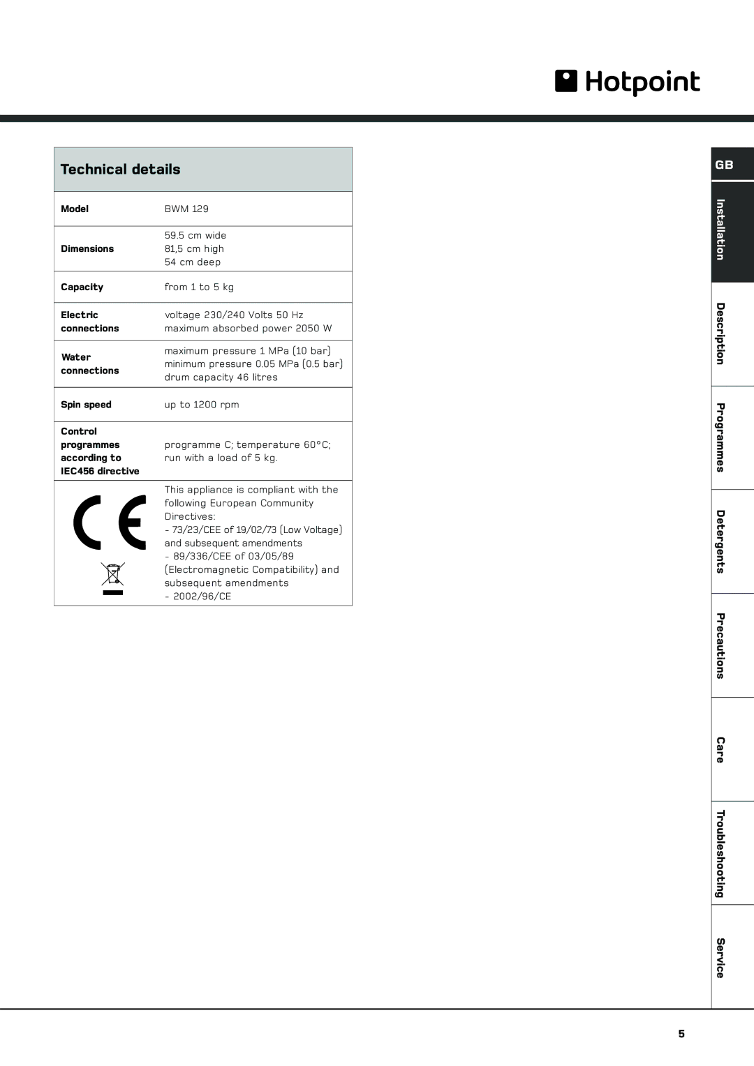 Hotpoint BWM 129 manual Technical details 