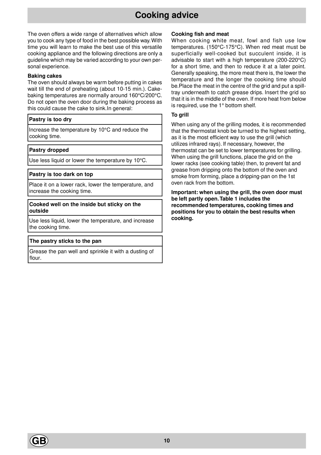 Hotpoint C120E manual Cooking advice 