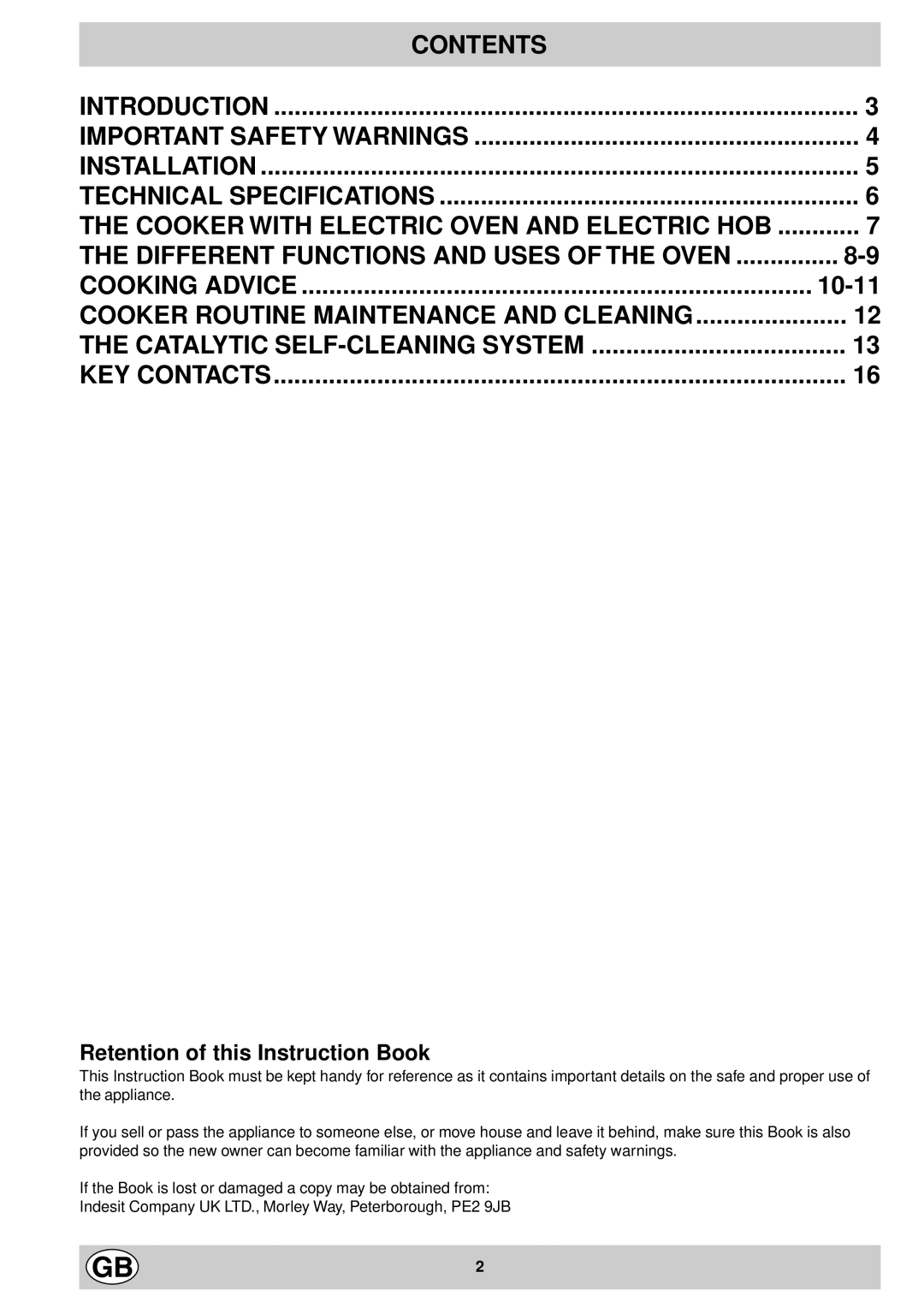 Hotpoint C120E manual Contents 