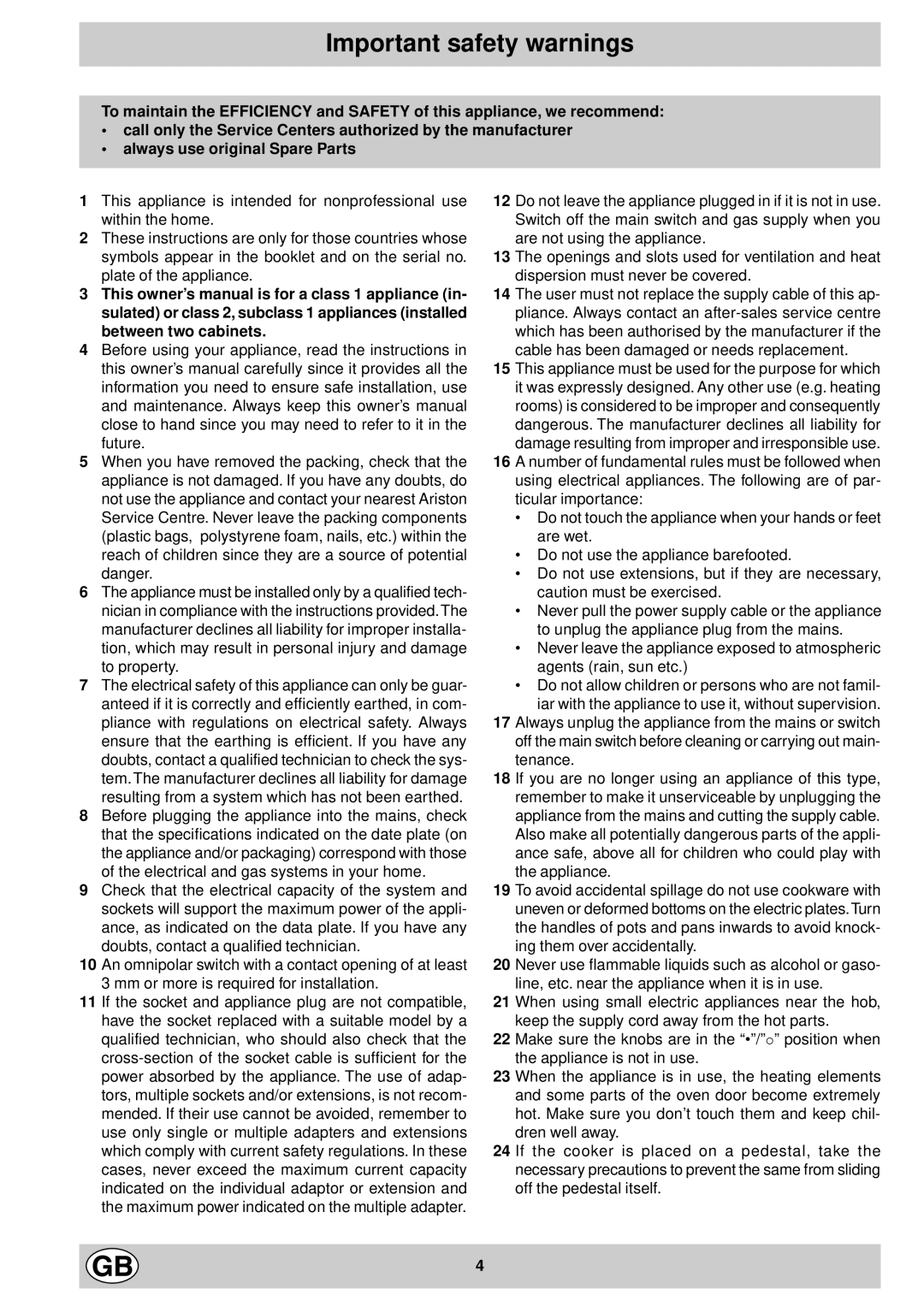 Hotpoint C120E manual Important safety warnings 