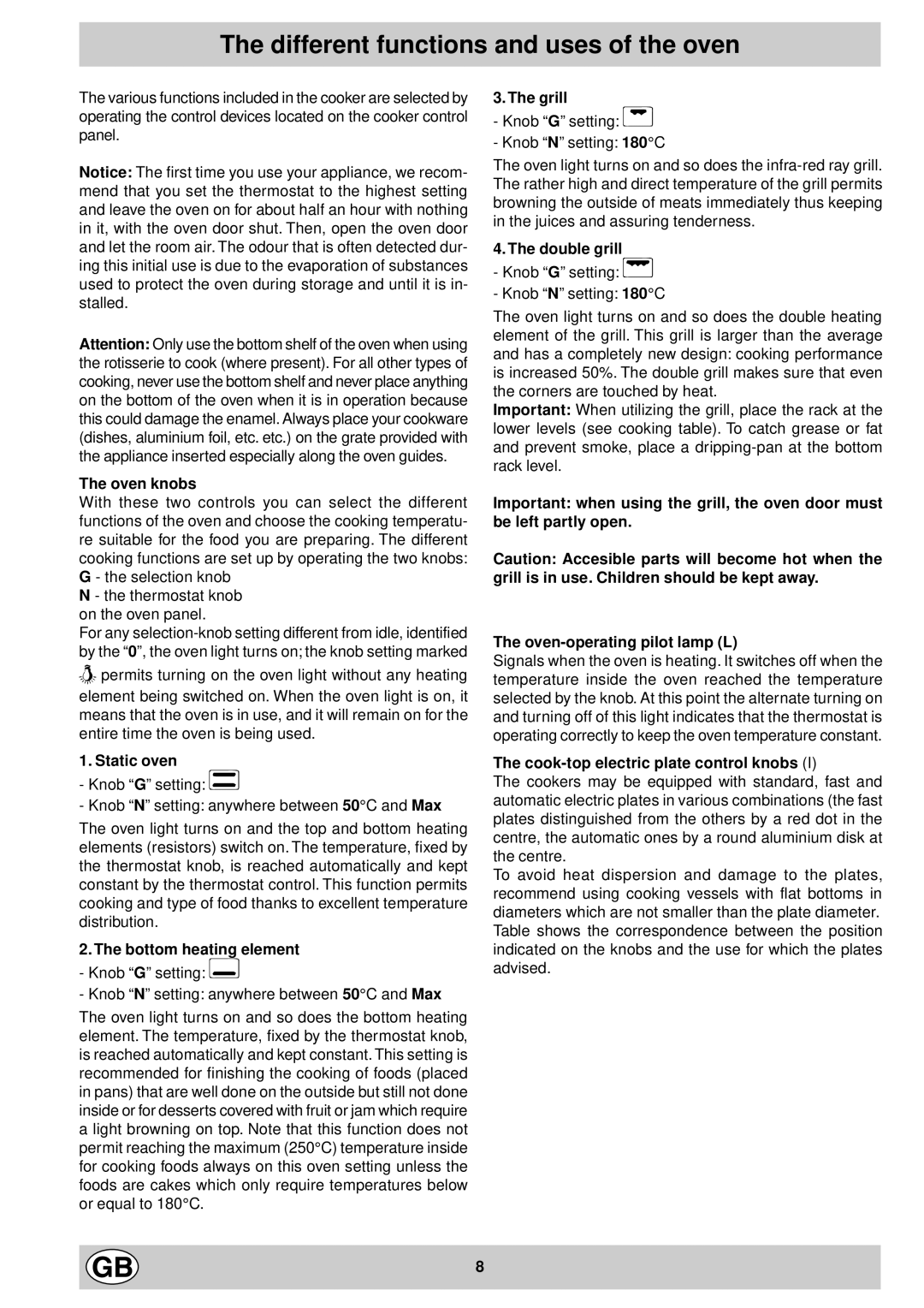 Hotpoint C120E manual Different functions and uses of the oven 