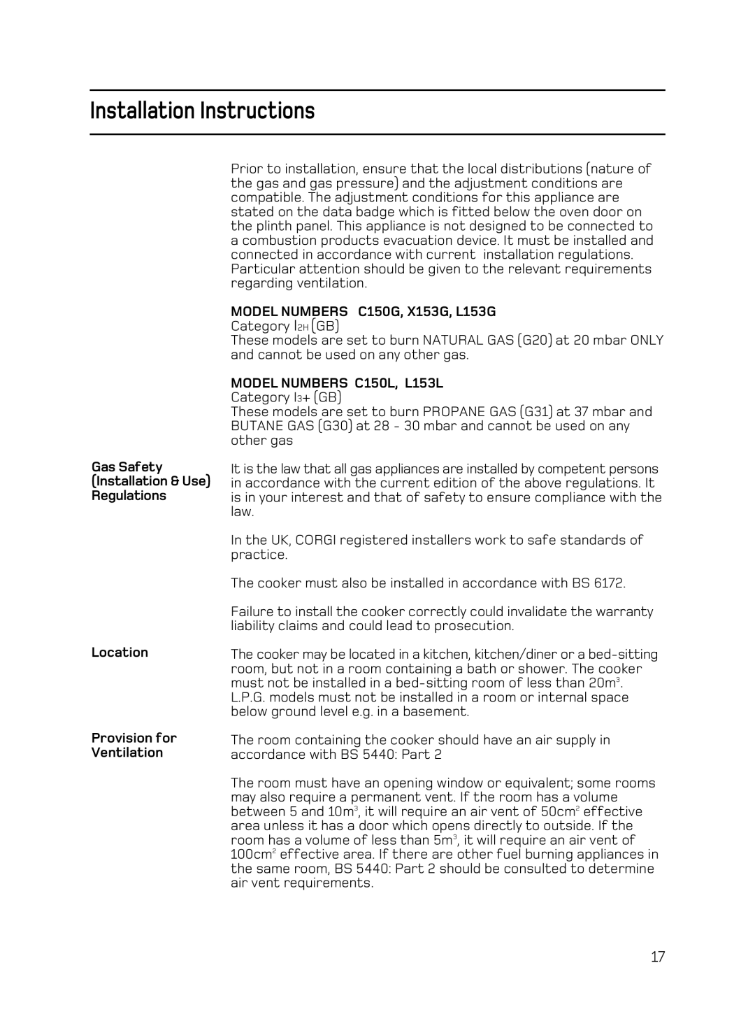 Hotpoint manual Installation Instructions, Model Numbers C150G, X153G, L153G 