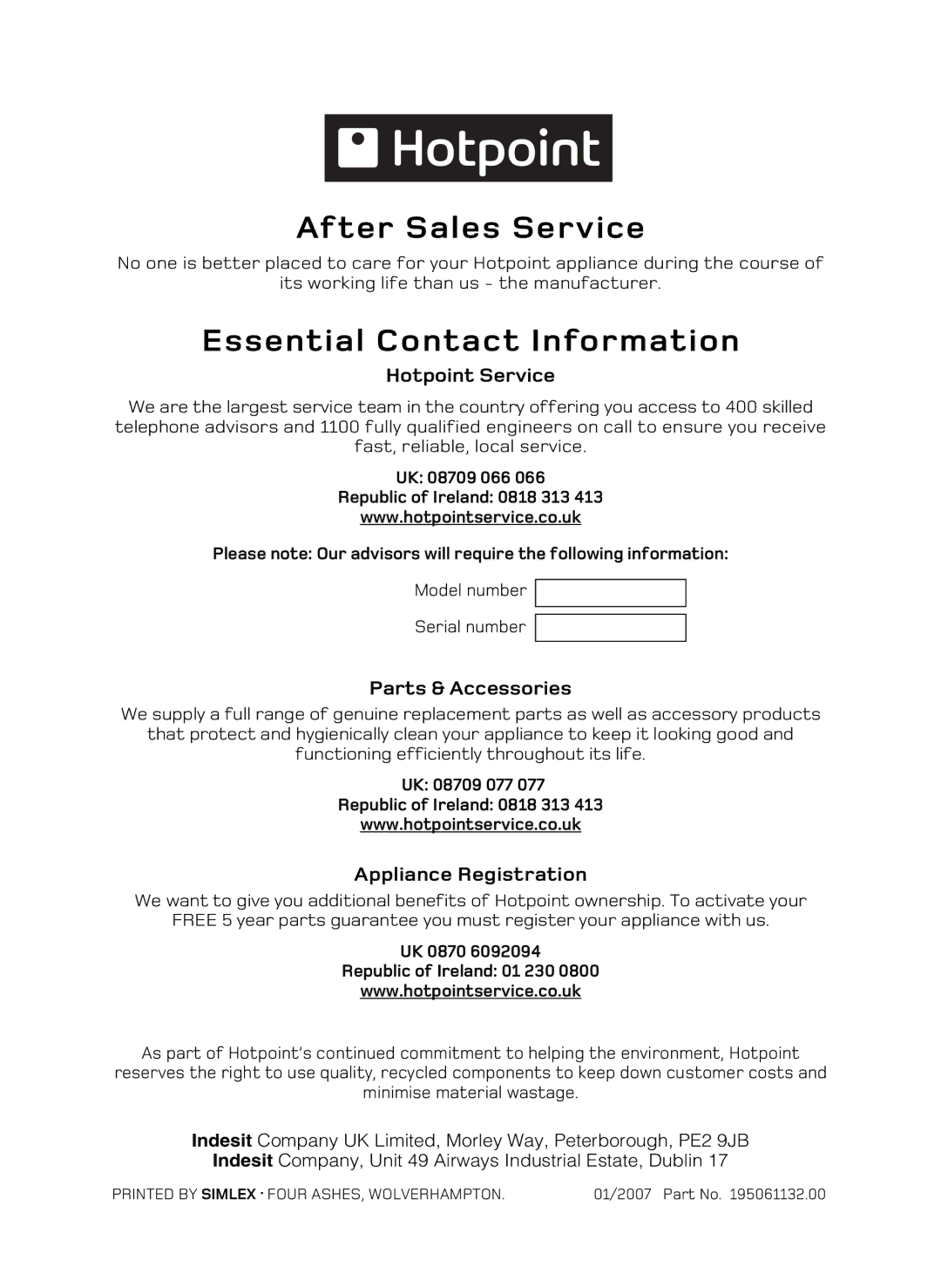 Hotpoint C150 manual After Sales Service, Essential Contact Information, Hotpoint Service, Parts & Accessories 