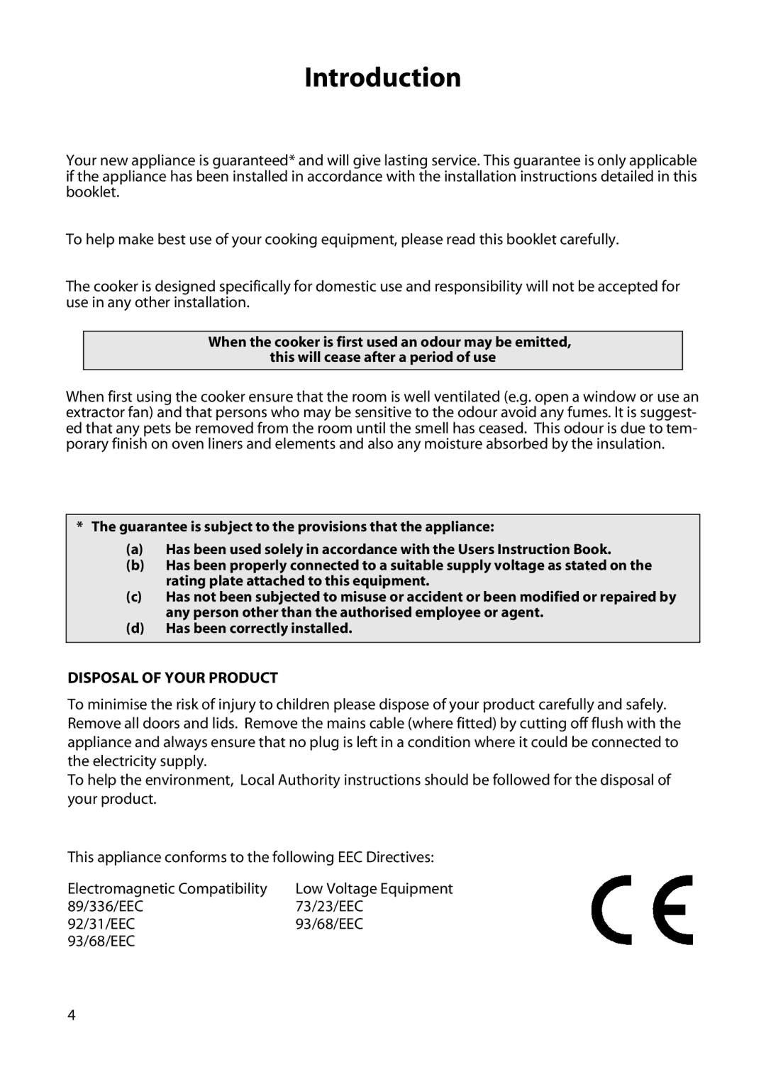 Hotpoint C150E manual Introduction, Disposal of Your Product, 89/336/EEC 73/23/EEC 92/31/EEC 93/68/EEC 