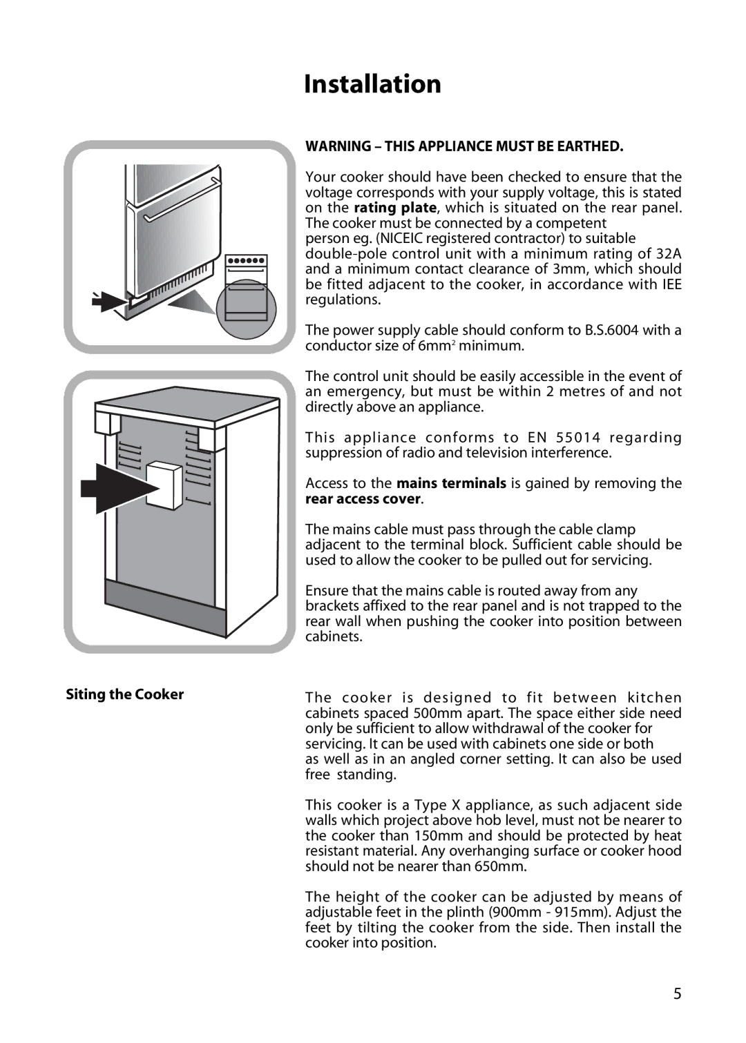 Hotpoint C150E manual Installation, Rear access cover, Siting the Cooker 