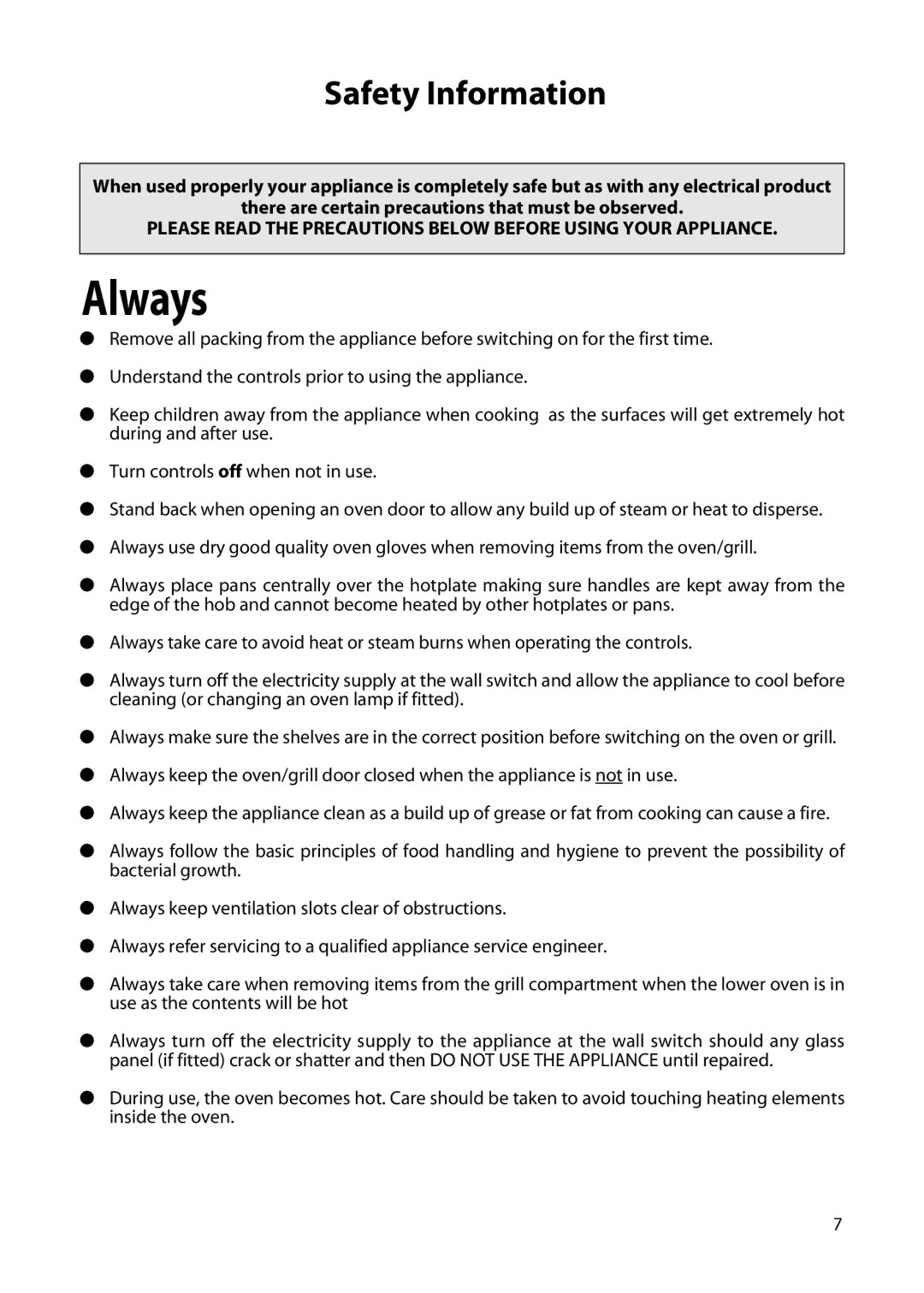 Hotpoint C150E manual Always, Safety Information 