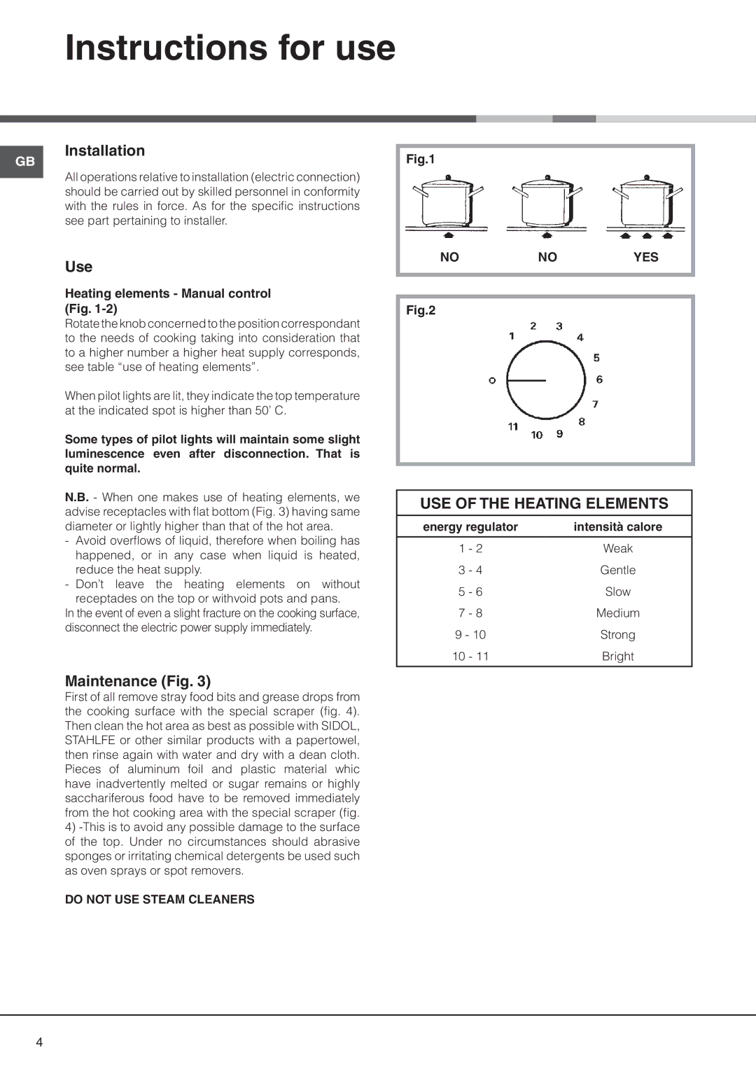 Hotpoint C320IX manual Instructions for use, Installation, Use, Maintenance Fig, Heating elements Manual control Fig 