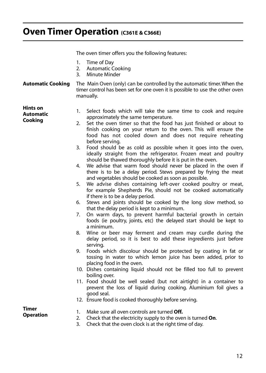 Hotpoint C262E, C362E, C363E manual Oven Timer Operation C361E & C366E, Hints on Automatic Cooking Timer Operation 