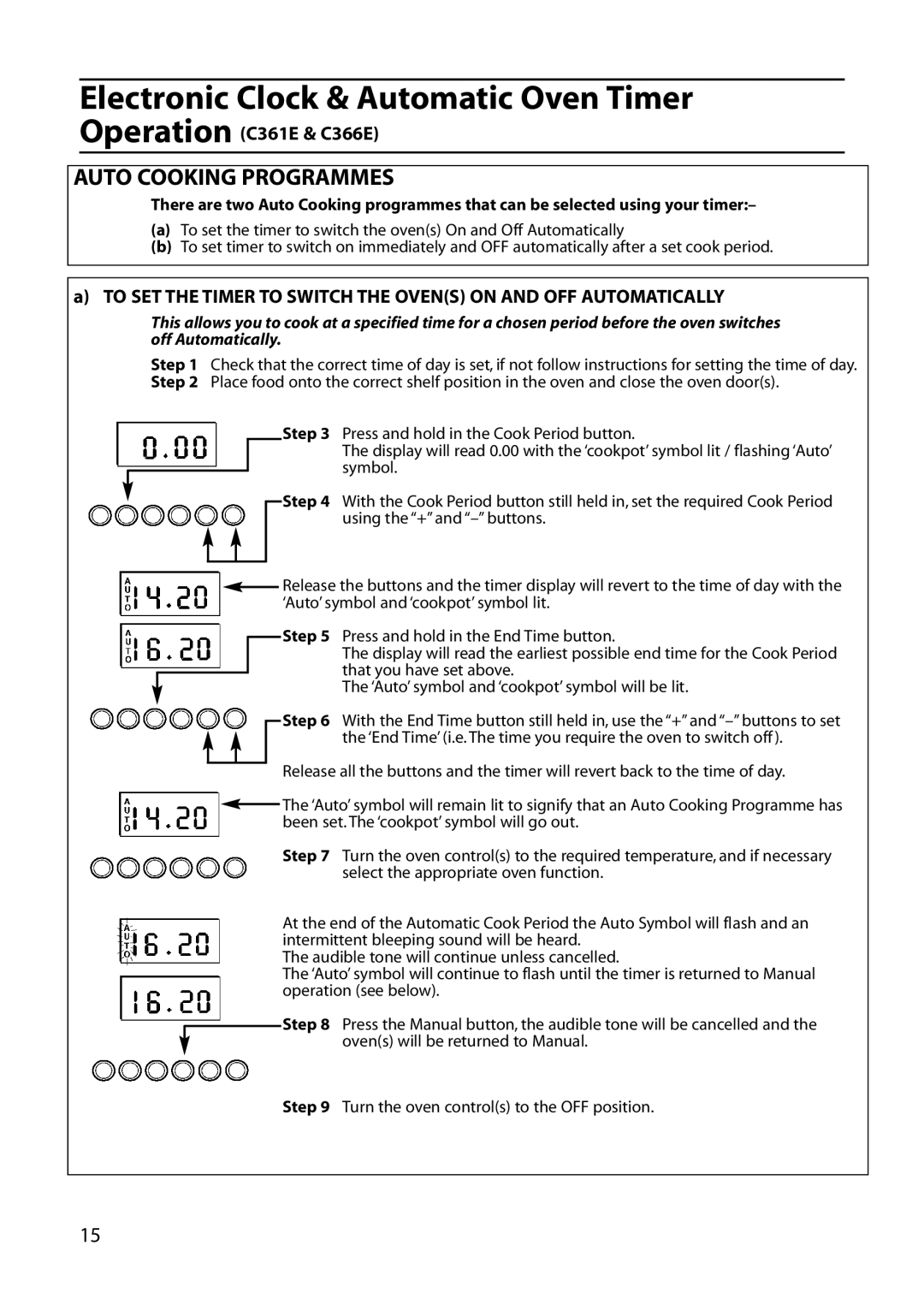 Hotpoint C361E, C362E, C366E, C262E, C363E manual Auto Cooking Programmes 