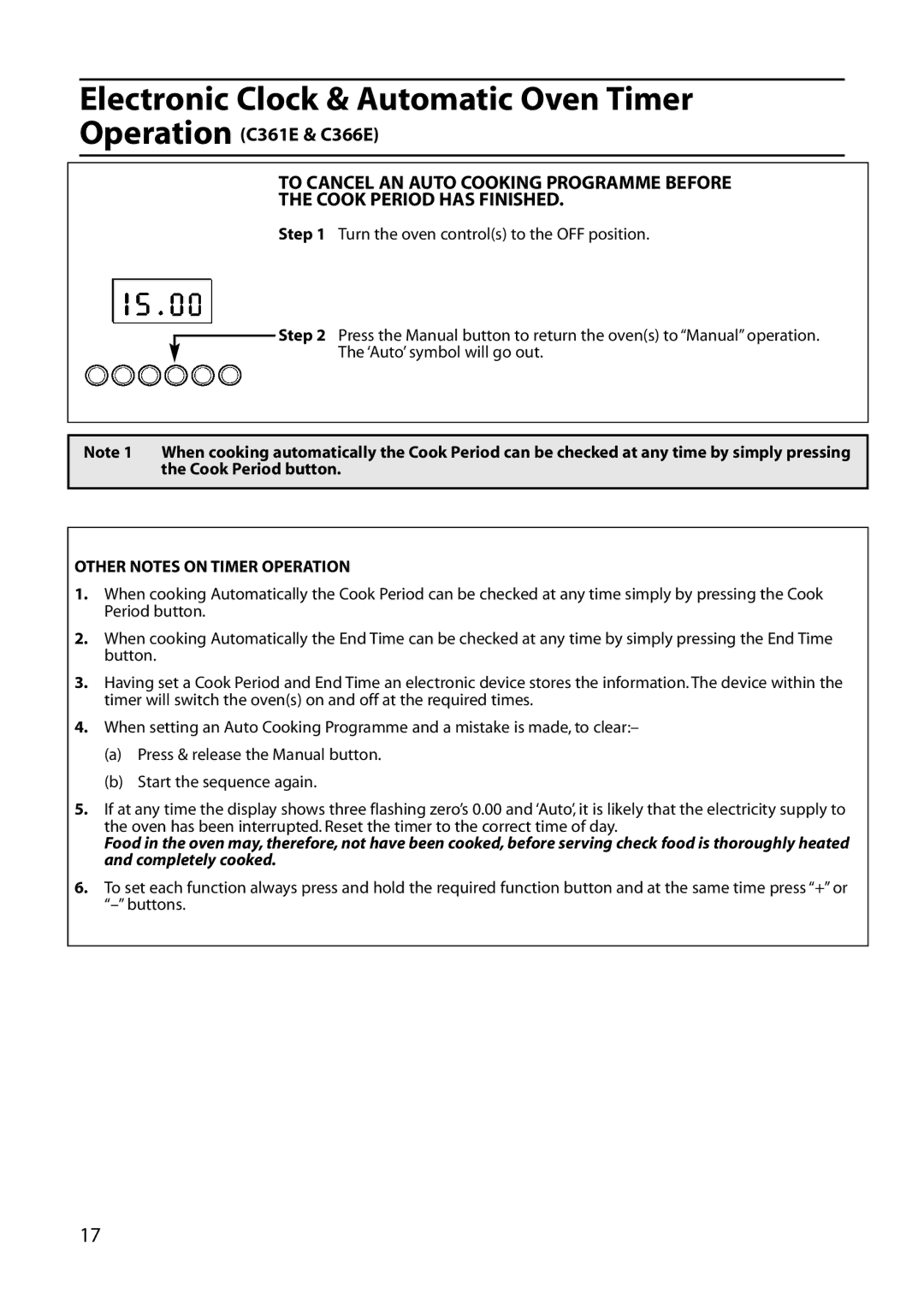 Hotpoint C262E, C362E, C361E, C366E, C363E manual Other Notes on Timer Operation 