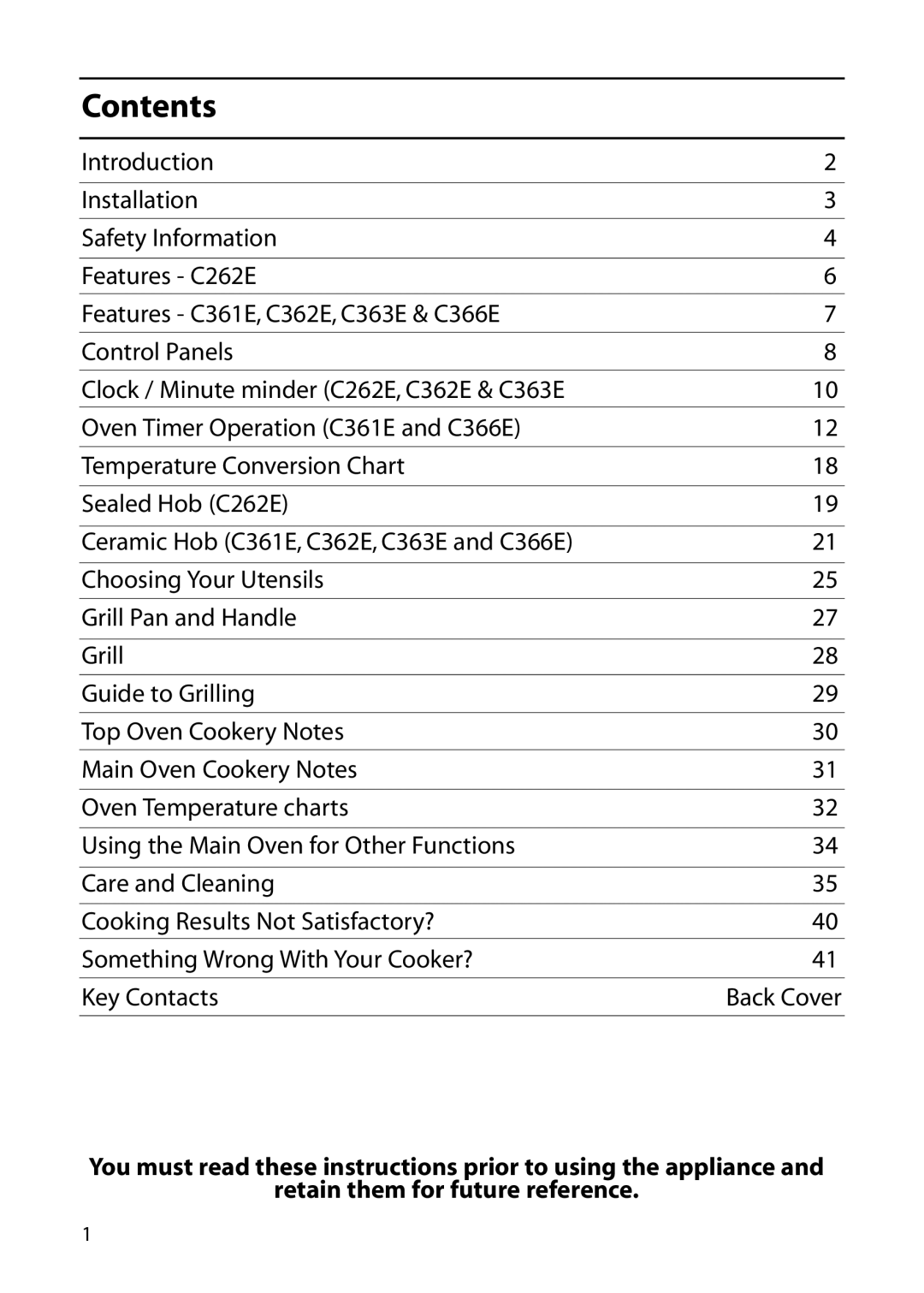 Hotpoint C366E, C362E, C361E, C262E, C363E manual Contents 