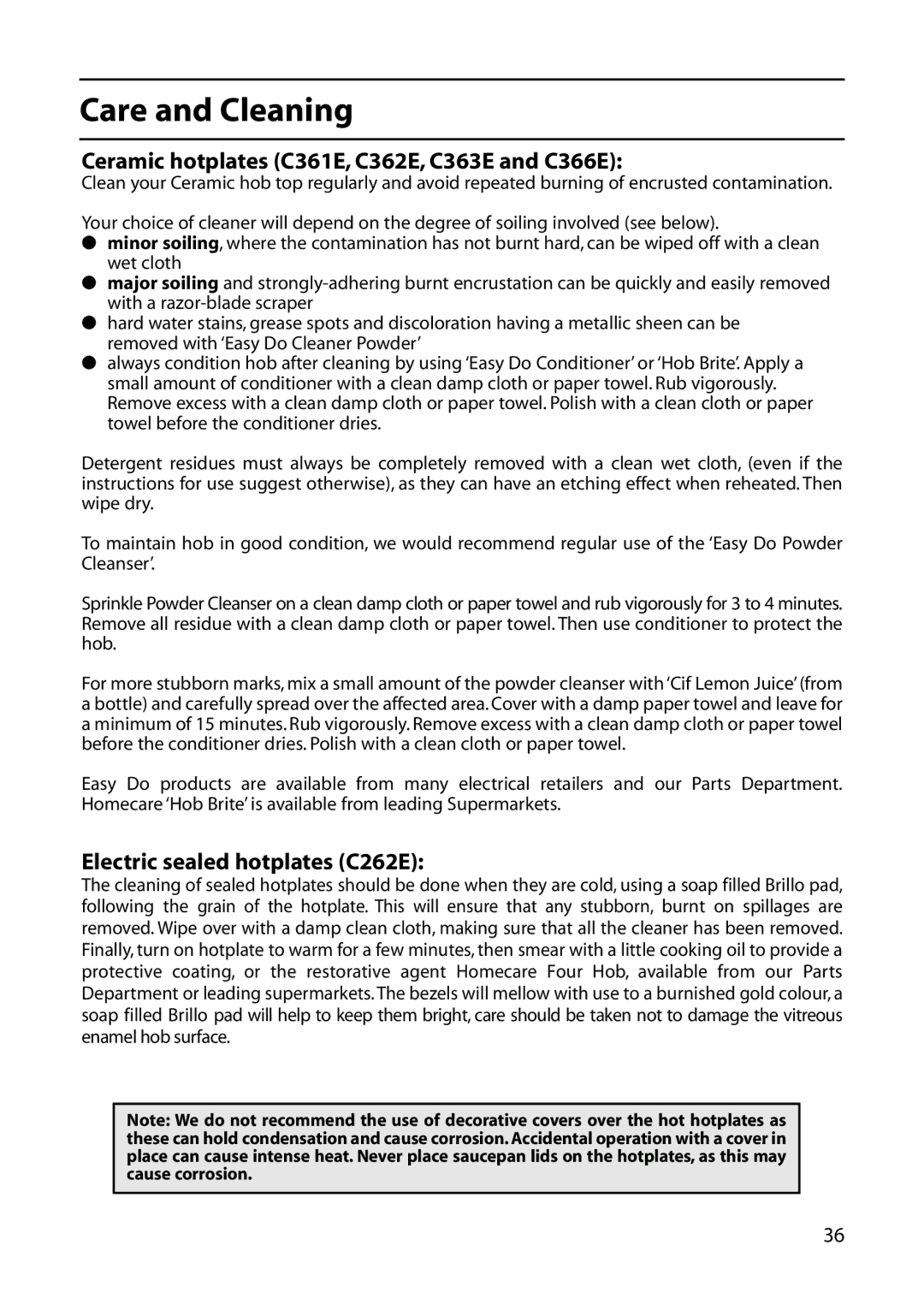 Hotpoint manual Ceramic hotplates C361E, C362E, C363E and C366E, Electric sealed hotplates C262E 