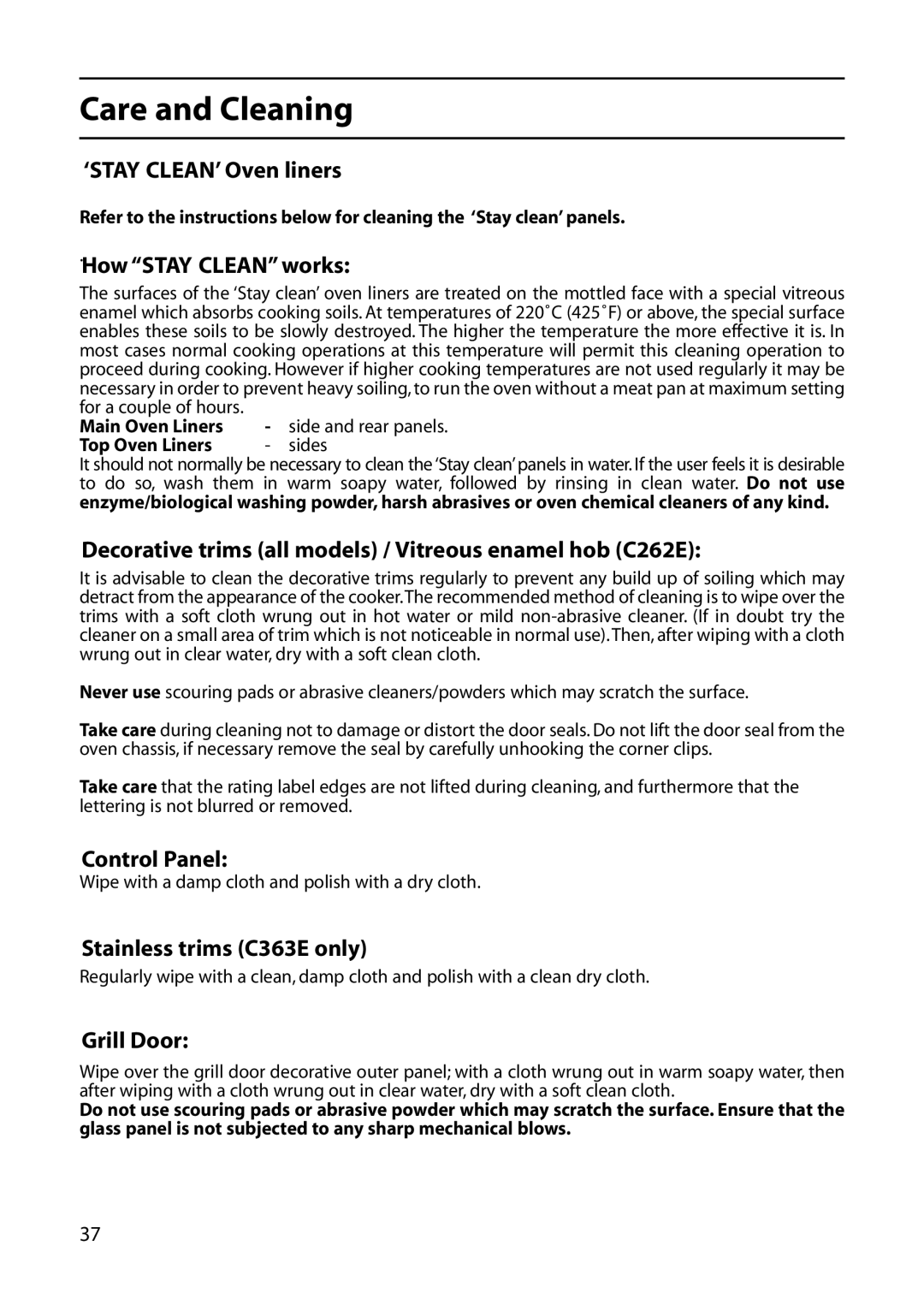 Hotpoint C362E ‘STAY CLEAN’ Oven liners, How Stay Clean works, Decorative trims all models / Vitreous enamel hob C262E 