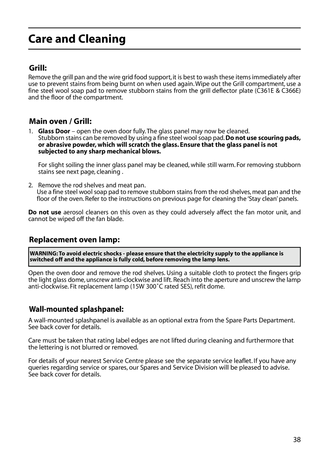 Hotpoint C363E, C362E, C361E, C366E, C262E manual Main oven / Grill, Replacement oven lamp, Wall-mounted splashpanel 