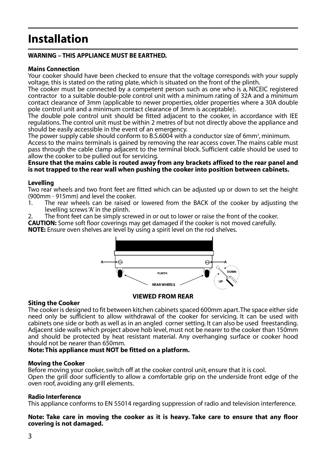 Hotpoint C363E, C362E, C361E, C366E, C262E manual Installation, Viewed from Rear 