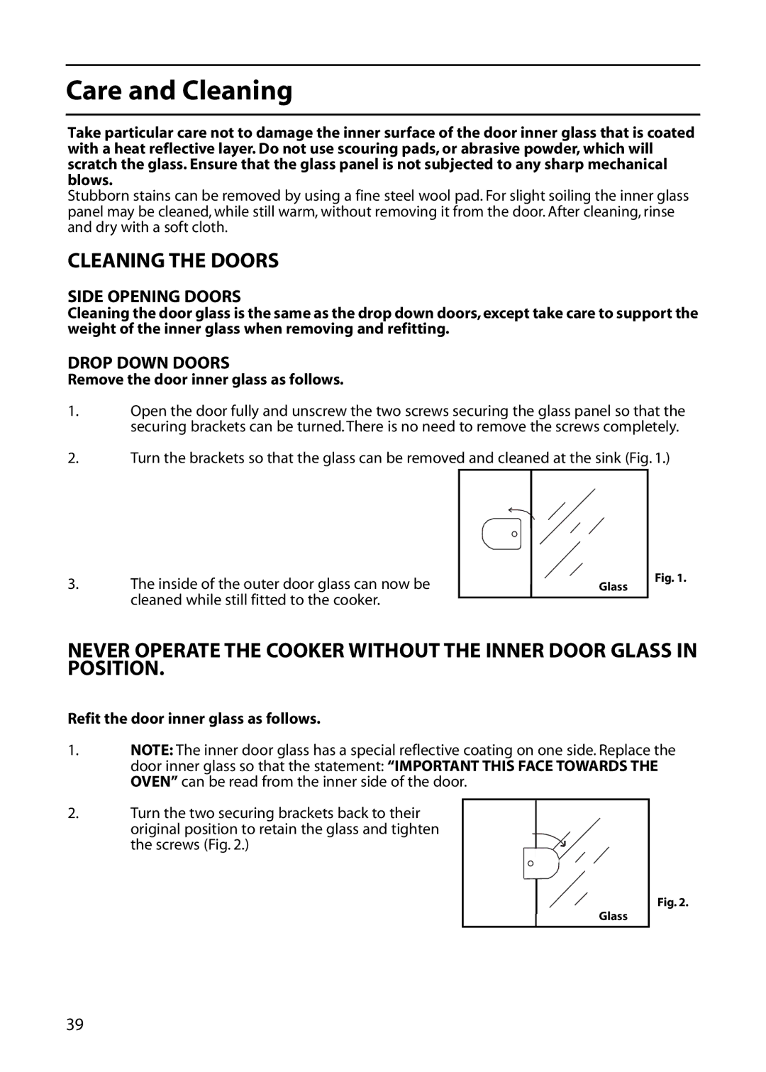 Hotpoint C362E, C361E, C366E, C262E, C363E manual Remove the door inner glass as follows, Refit the door inner glass as follows 