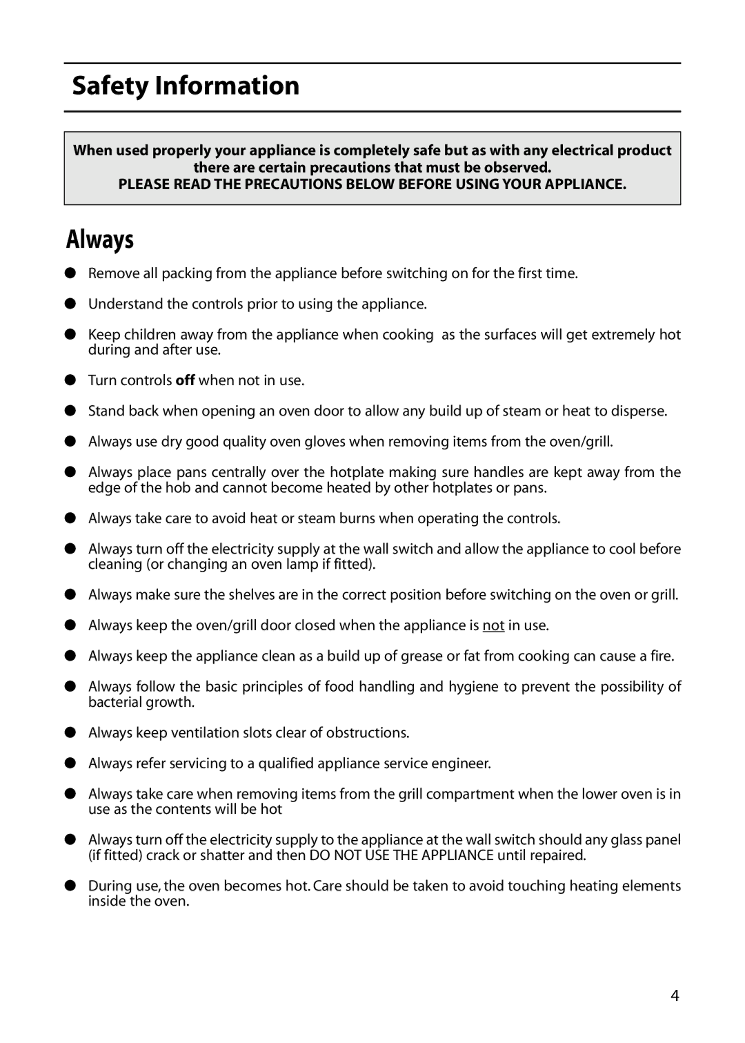 Hotpoint C362E, C361E, C366E, C262E, C363E manual Safety Information, Always 