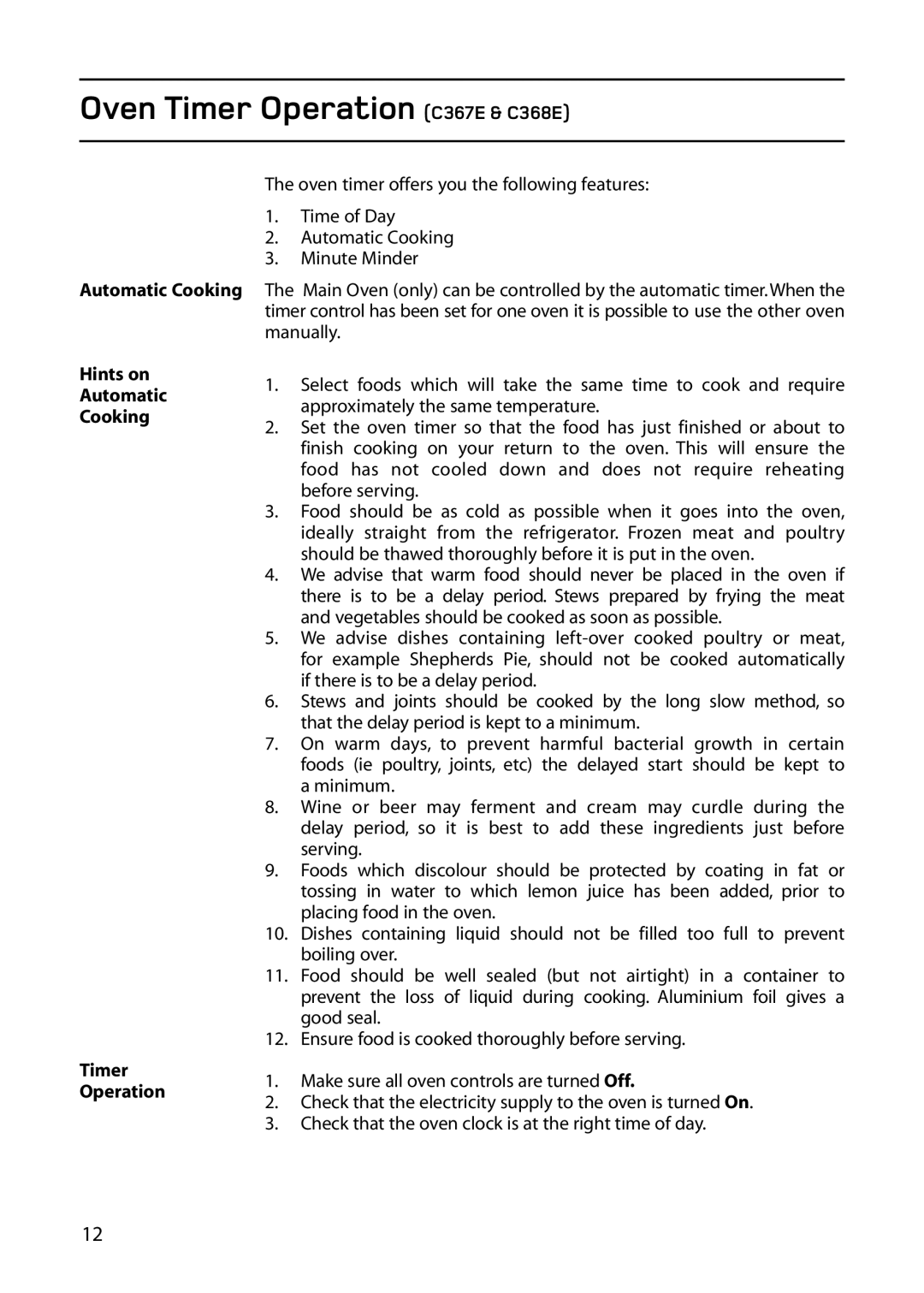 Hotpoint ARC60, 61DC manual Oven Timer Operation C367E & C368E, Hints on Automatic Cooking Timer Operation 