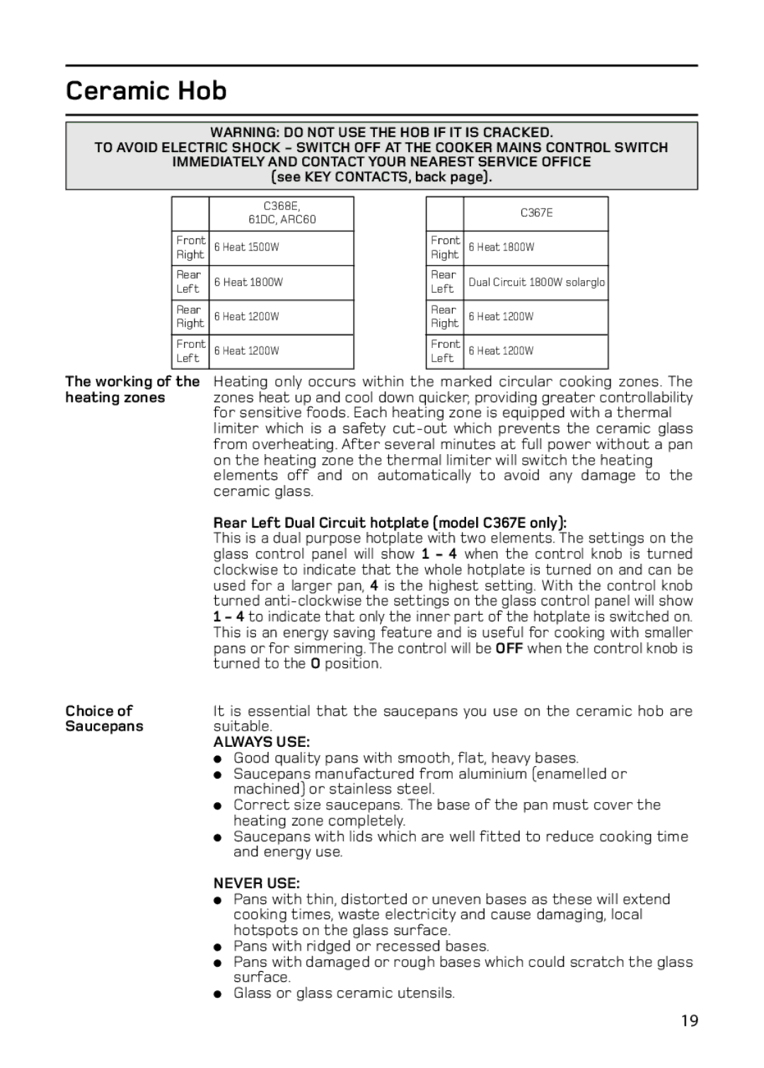 Hotpoint 61DC, C368, ARC60 manual Ceramic Hob, Rear Left Dual Circuit hotplate model C367E only, Choice, Saucepans 