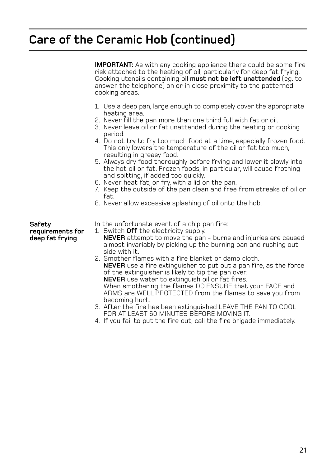 Hotpoint C368, C367E, ARC60, 61DC manual Care of the Ceramic Hob, Safety requirements for deep fat frying 