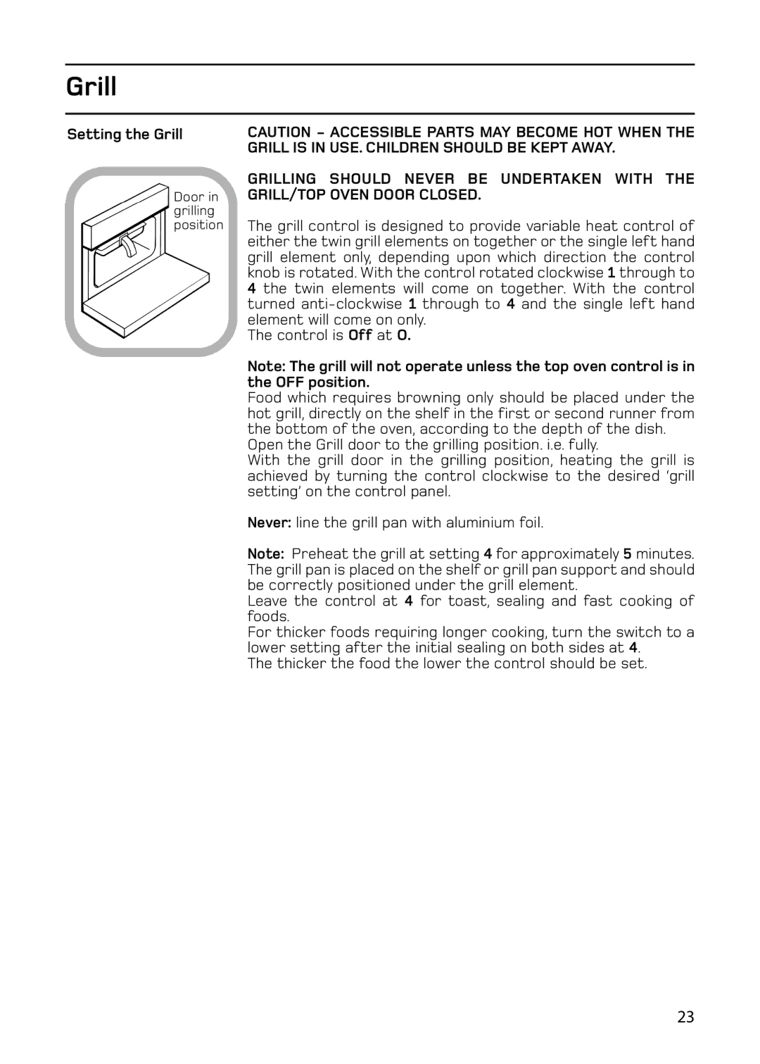 Hotpoint 61DC, C367E, C368, ARC60 manual Setting the Grill 