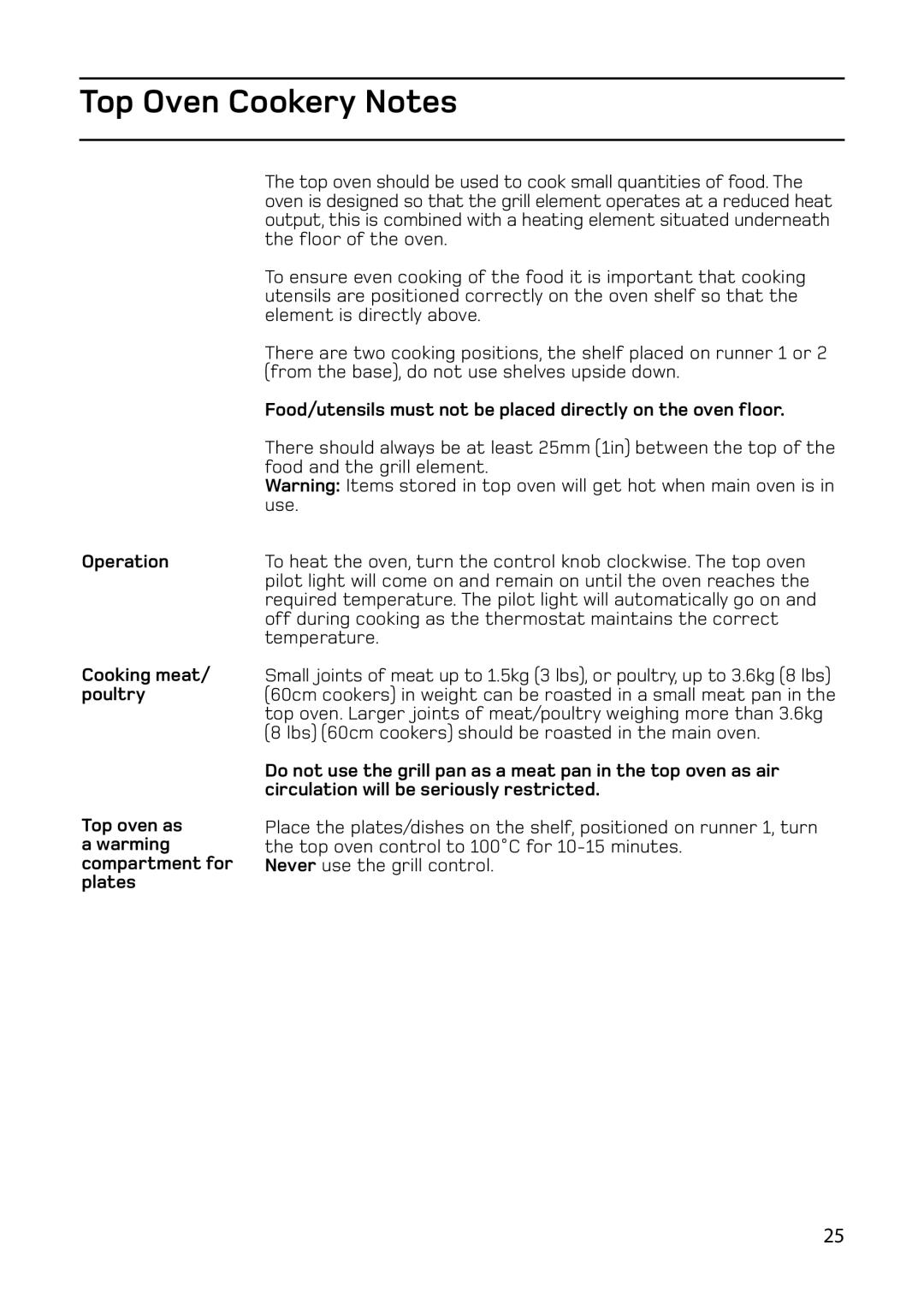 Hotpoint C368, C367E, ARC60, 61DC manual Top Oven Cookery Notes, Food/utensils must not be placed directly on the oven floor 