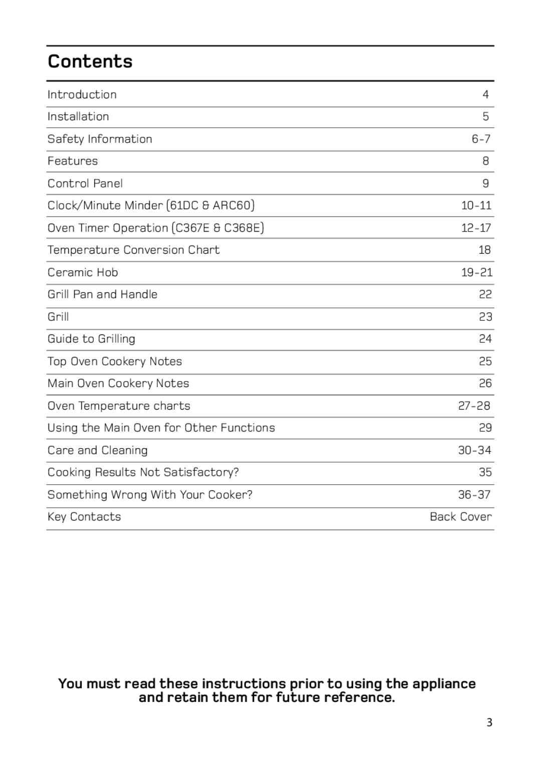 Hotpoint 61DC, C367E, C368, ARC60 manual Contents 