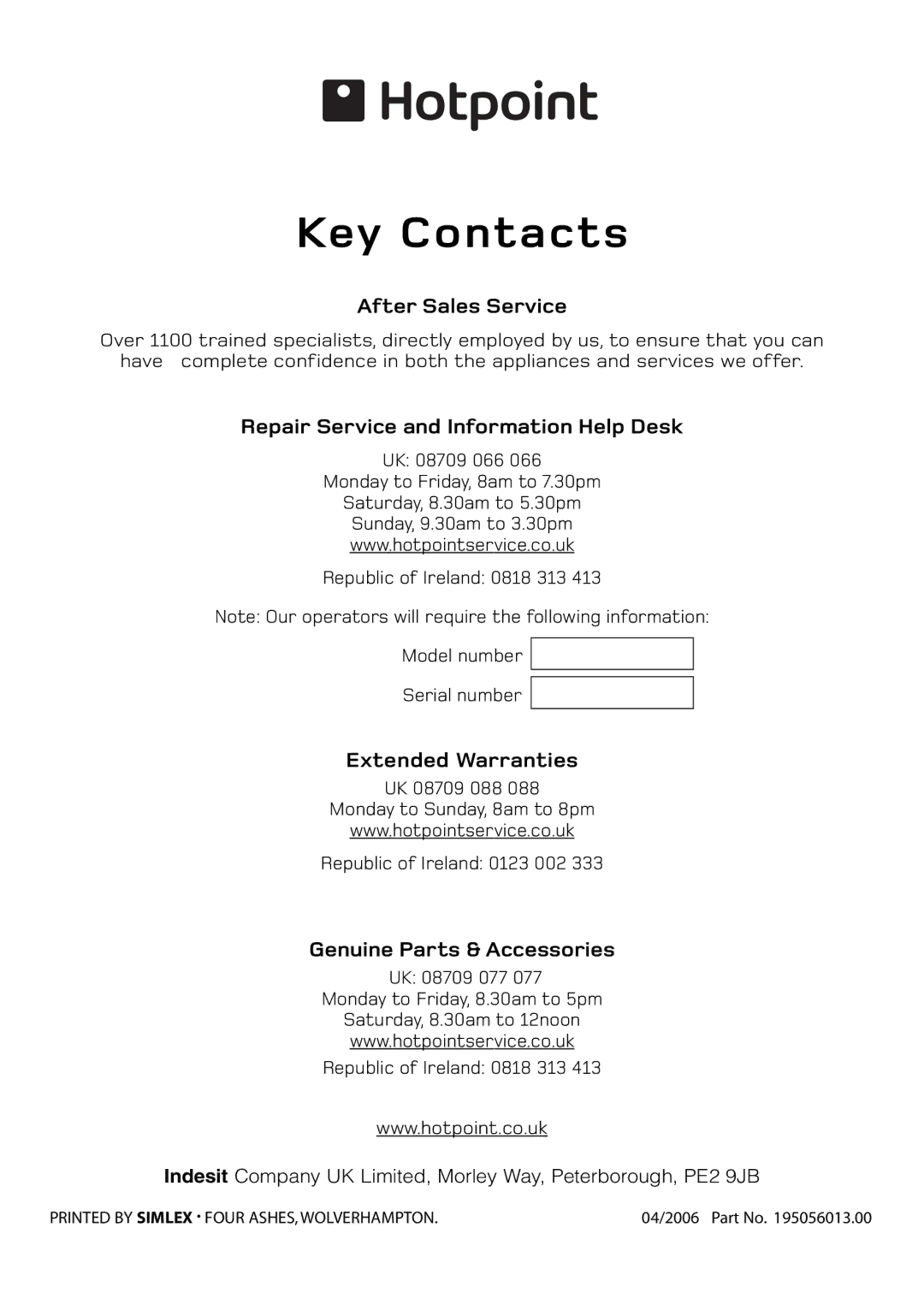 Hotpoint C367E, C368, ARC60, 61DC manual Key Contacts 