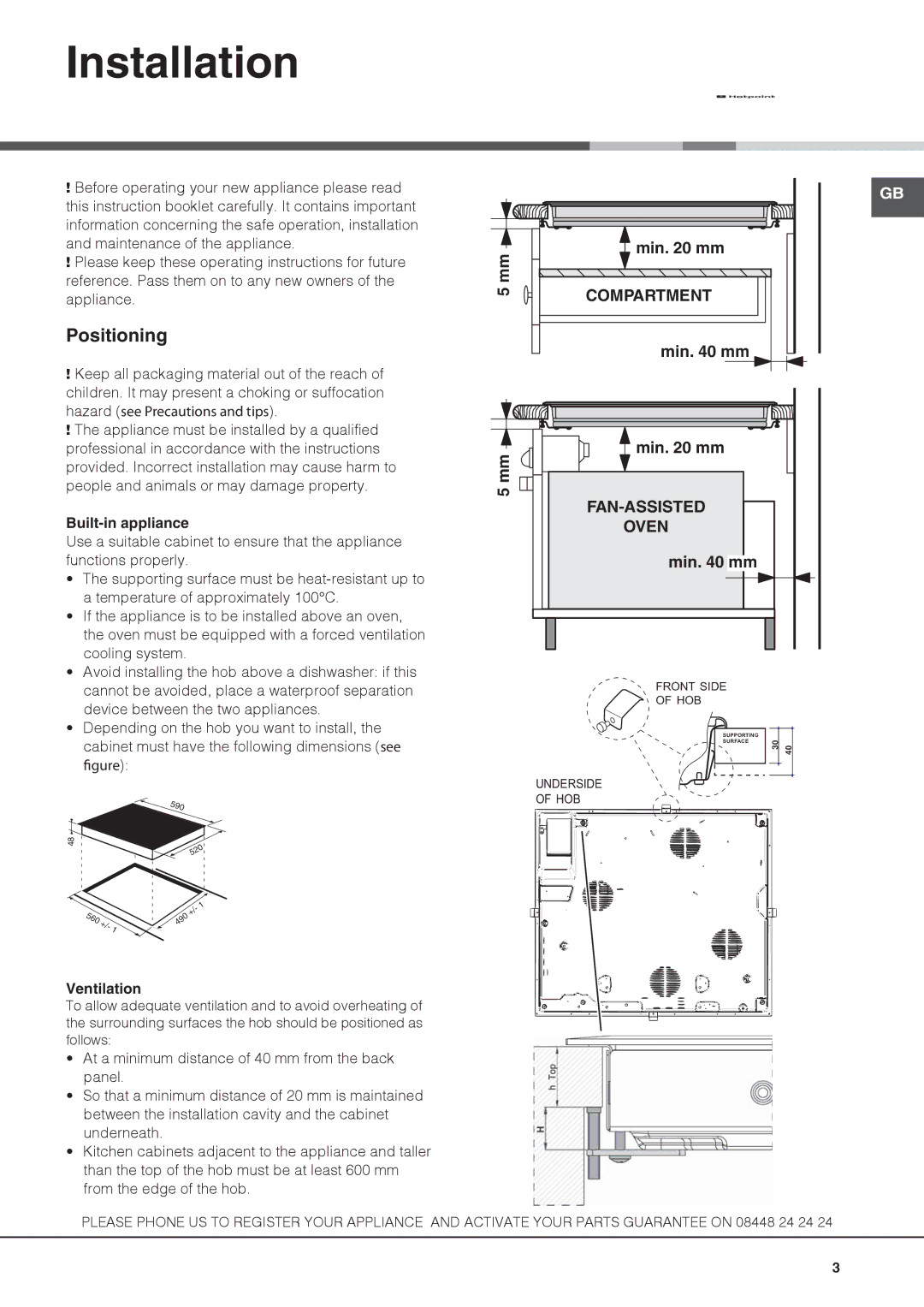 Hotpoint CBRA 640 X S, KSC 640 X S, CRA 641 D C manual Installation, Positioning, Built-in appliance, Ventilation 