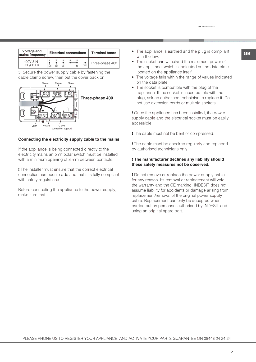 Hotpoint CRA 641 D C, CBRA 640 X S, KSC 640 X S manual Three-phase, Connecting the electricity supply cable to the mains 