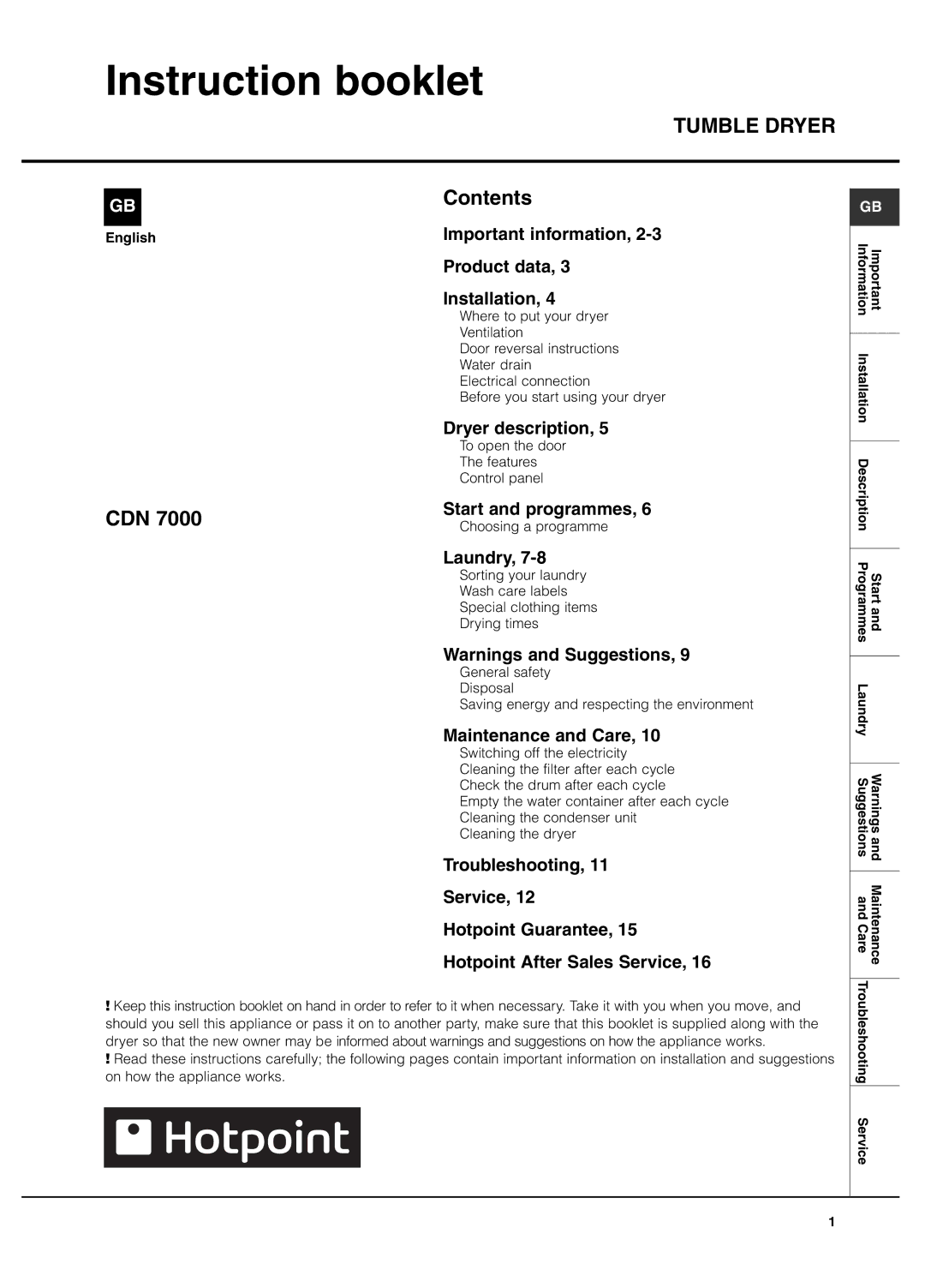 Hotpoint CDN 7000 manual Instruction booklet, Tumble Dryer 