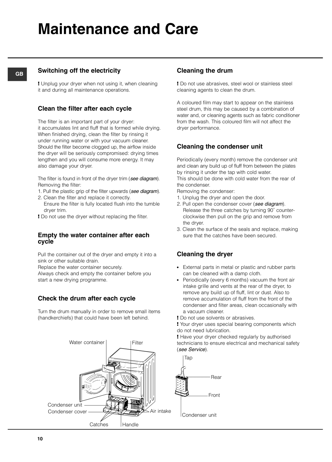 Hotpoint CDN 7000 manual Maintenance and Care 