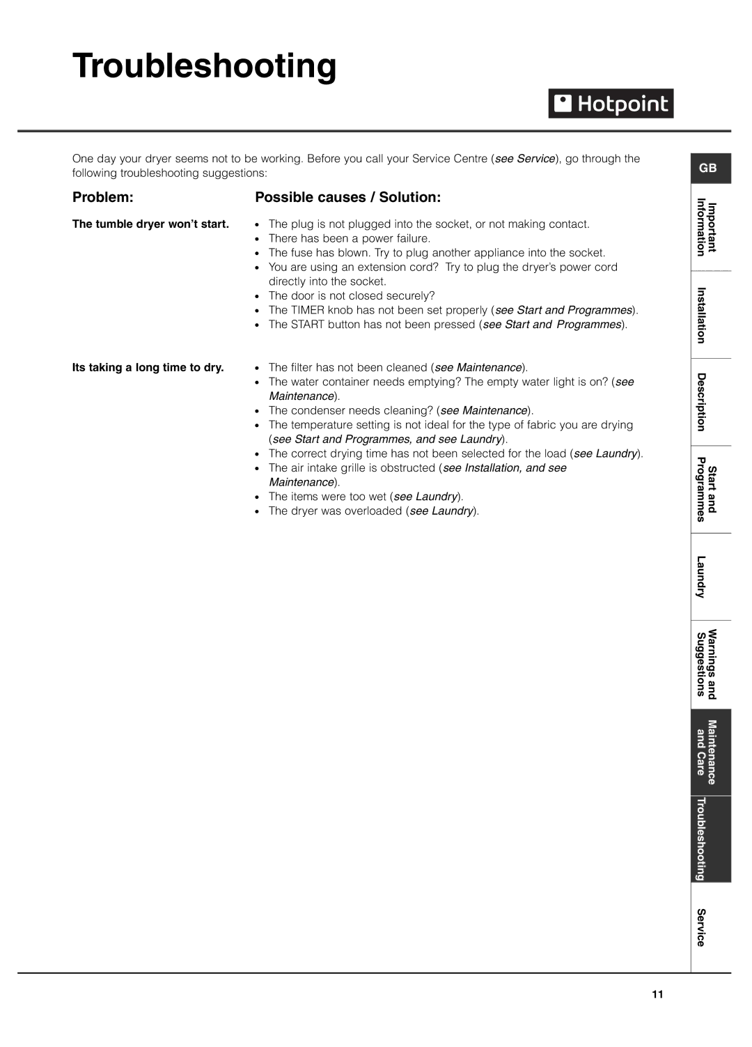 Hotpoint CDN 7000 manual Troubleshooting, Problem Possible causes / Solution 