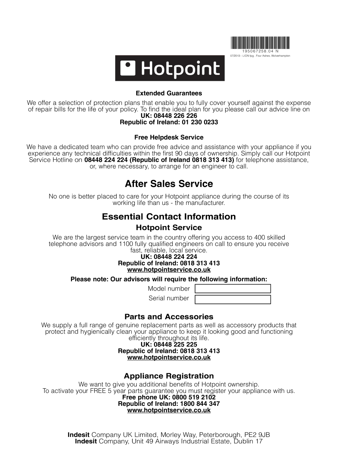 Hotpoint CDN 7000 manual After Sales Service, Extended Guarantees, UK 08448 225 Republic of Ireland 0818 313 