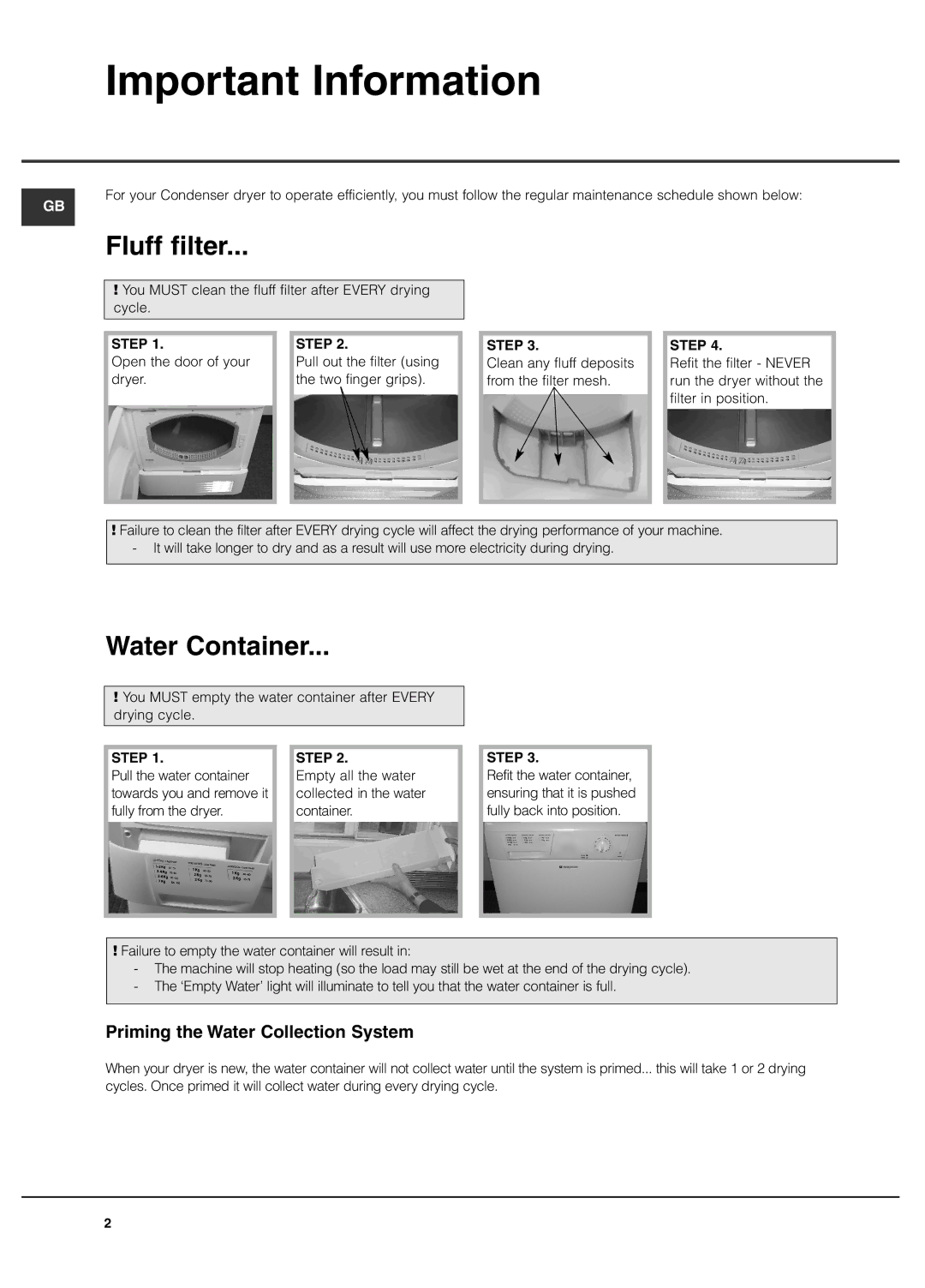 Hotpoint CDN 7000 manual Important Information, Fluff filter, Water Container, Priming the Water Collection System 