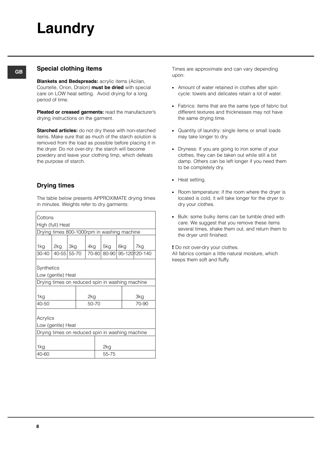 Hotpoint CDN 7000 manual Special clothing items, Drying times 