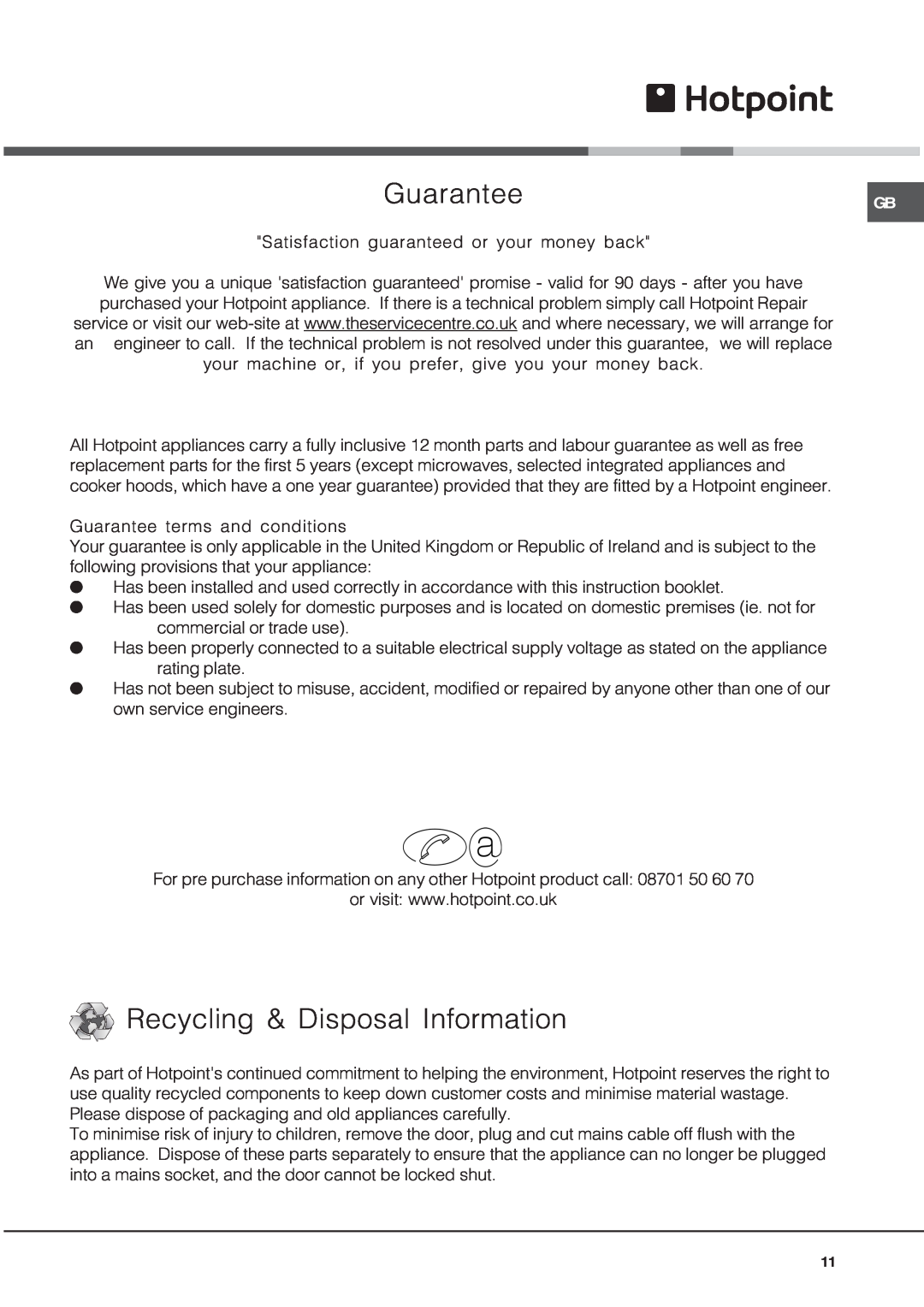 Hotpoint CRM 641 D C, CEM 645 D X, CEM 645 D C, CRM 641 D X manual Guarantee, Recycling & Disposal Information 