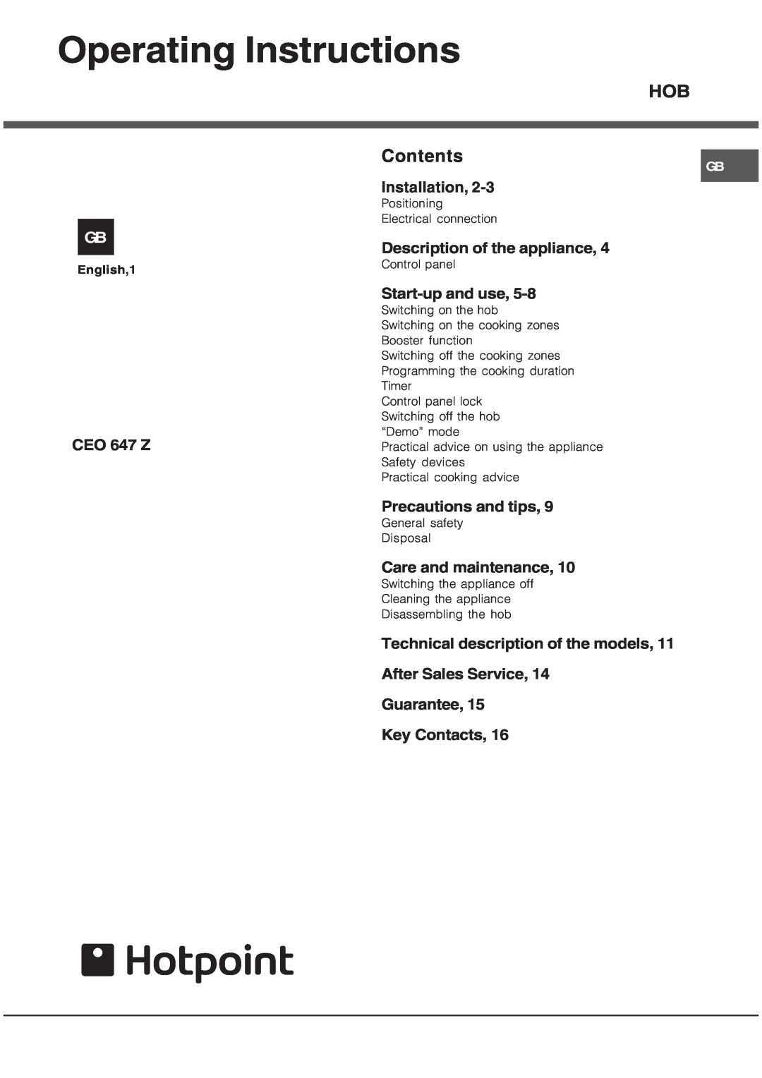 Hotpoint CEO 647 Z manual Operating Instructions, Installation, Description of the appliance, Start-upand use, Guarantee 