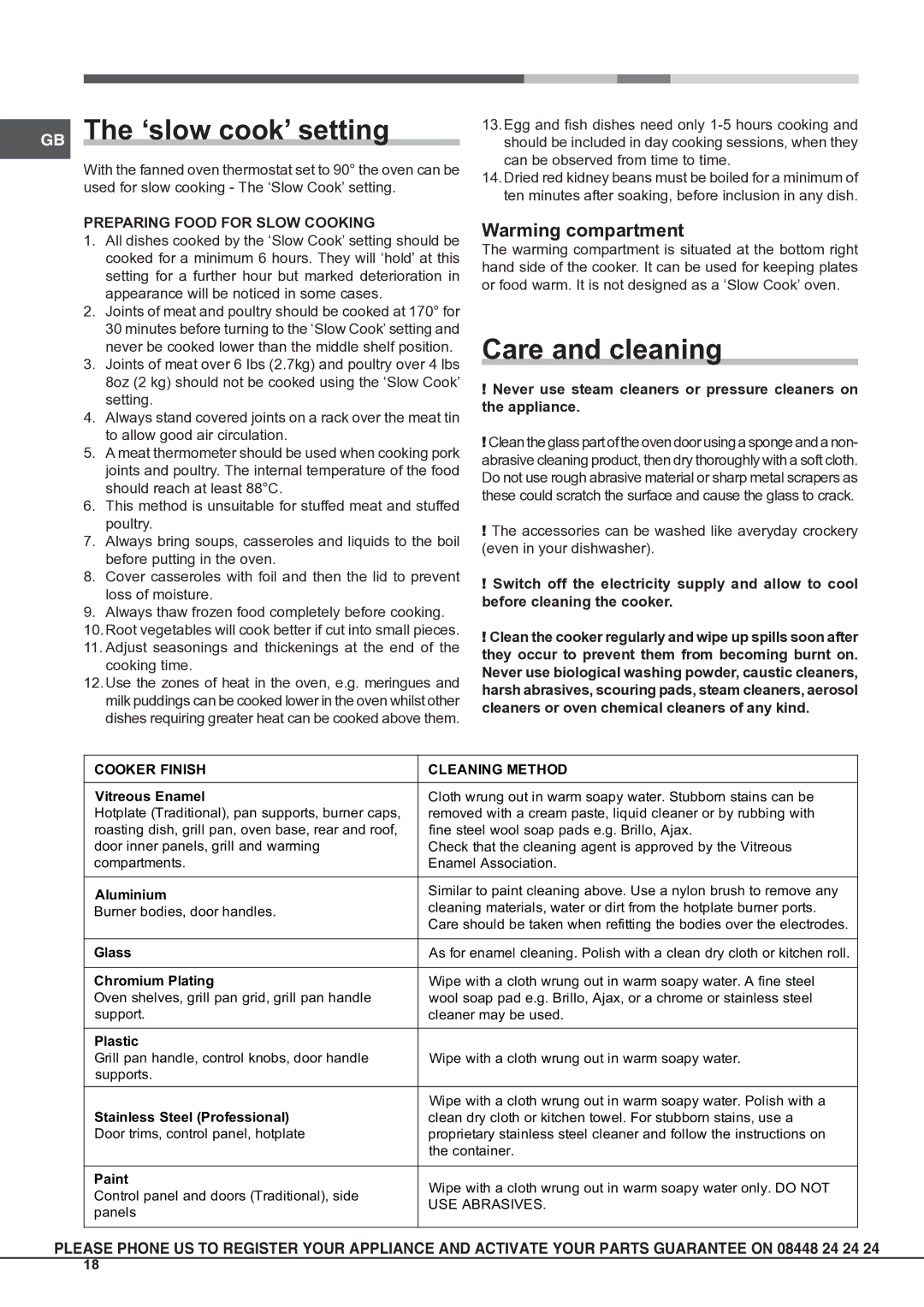 Hotpoint CH 10450 GF S GB The ‘slow cook’ setting, Care and cleaning, Warming compartment, Preparing Food for Slow Cooking 