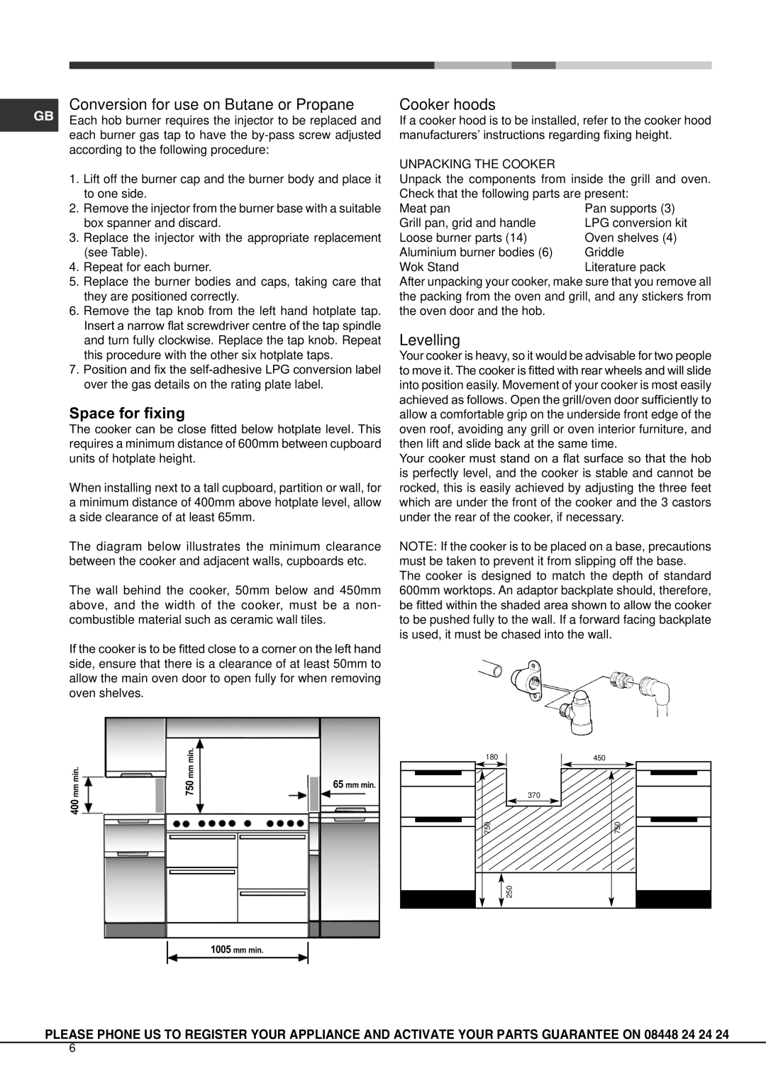 Hotpoint CH 10450 GF S, CG 40456 GF S Conversion for use on Butane or Propane, Space for fixing, Cooker hoods, Levelling 