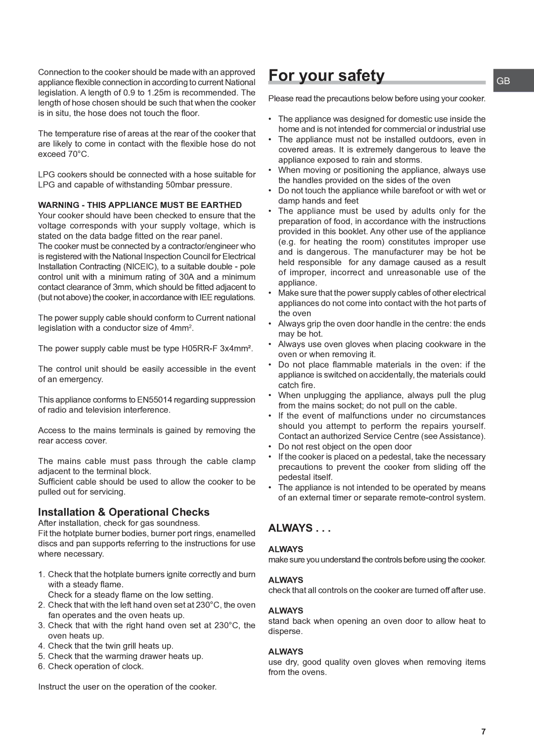 Hotpoint CG 40456 GF S, CH 10450 GF S, CG 10455 GF S manual Installation & Operational Checks, Always 