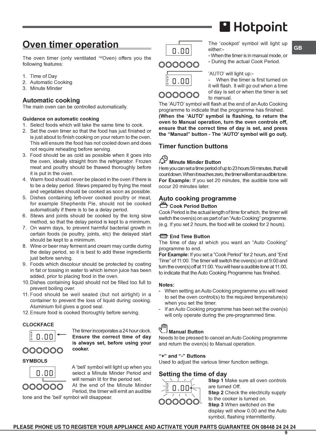 Hotpoint CH 10450 GF S manual Oven timer operation, Automatic cooking, Timer function buttons, Auto cooking programme 