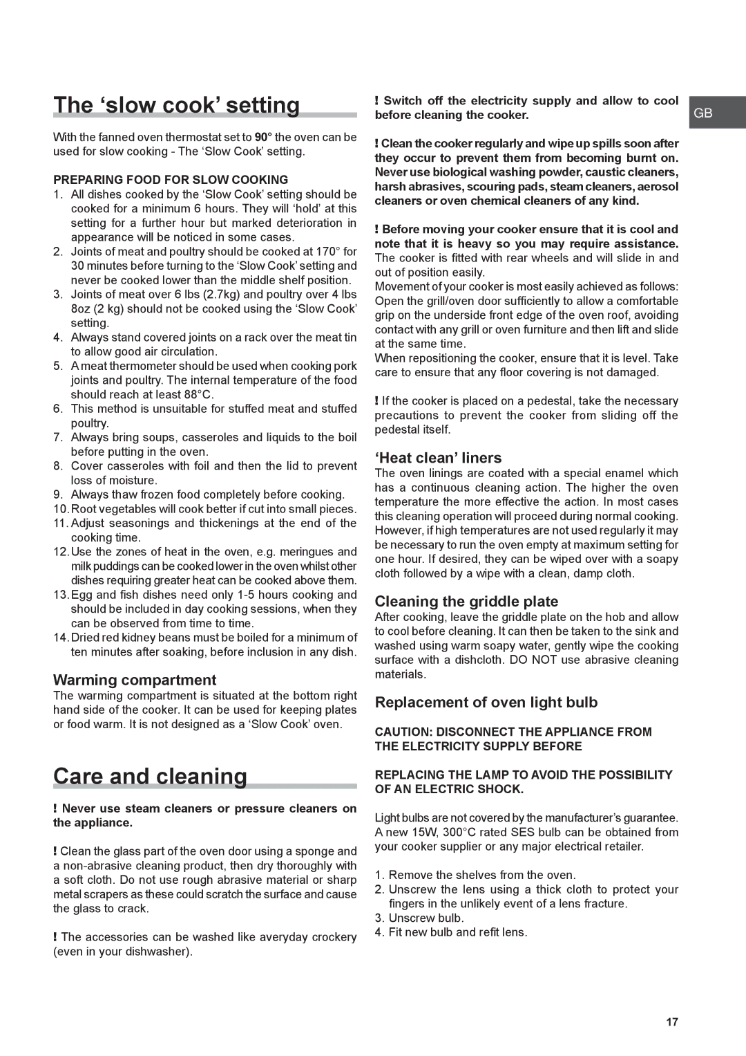 Hotpoint CH 10750 GF S, CH 10756 GF S, CH 10755 GF S operating instructions ‘slow cook’ setting, Care and cleaning 